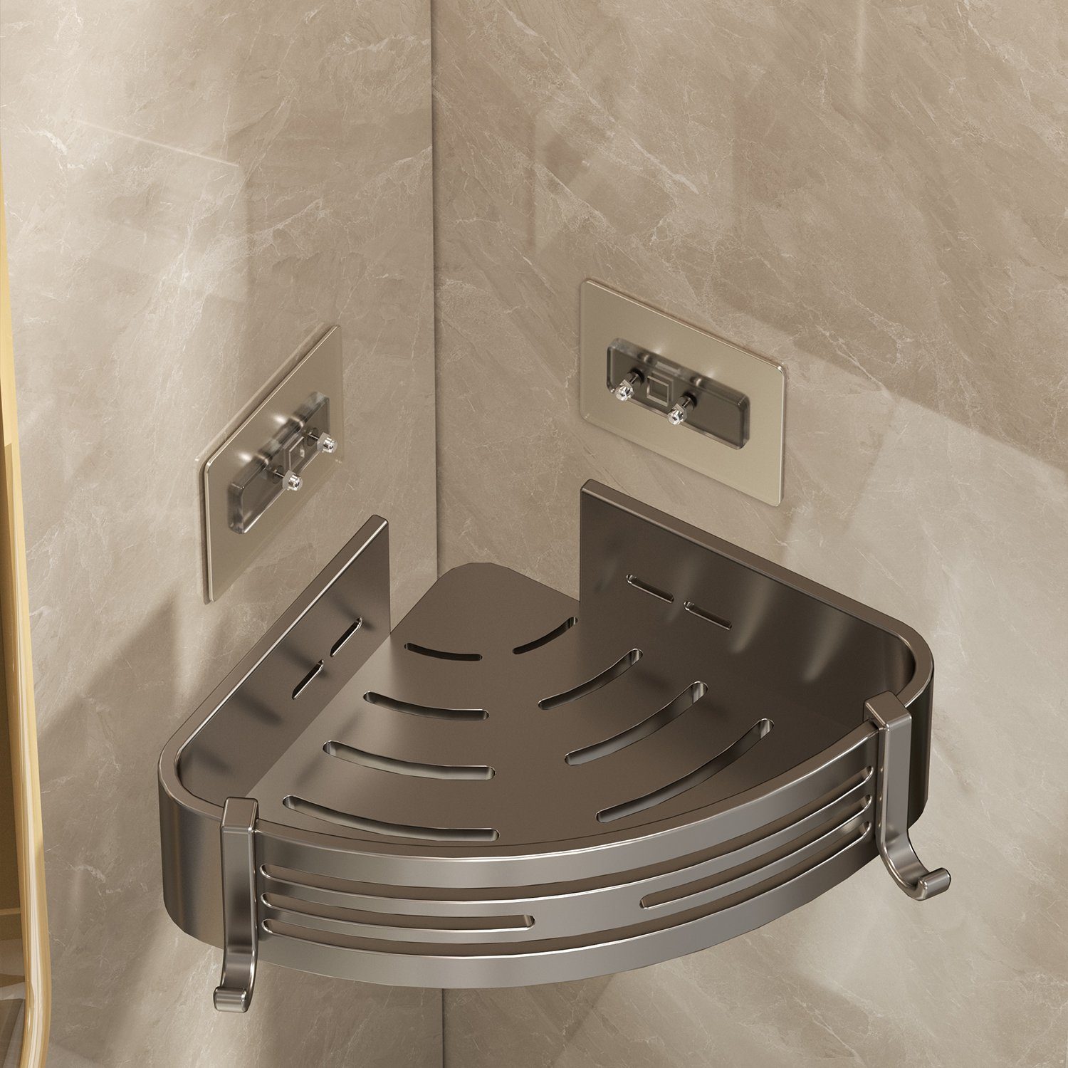 Directin Duschkorb 2-Stück Eckregal ohne Bohren aus rostfreiem Aluminium für die Dusche (Set, mit 4 Klebeflächen und 4 Haken, für Bäder Küchen Duschgel), Badezimmer Duschablage Selbstklebendes Oder Bohren