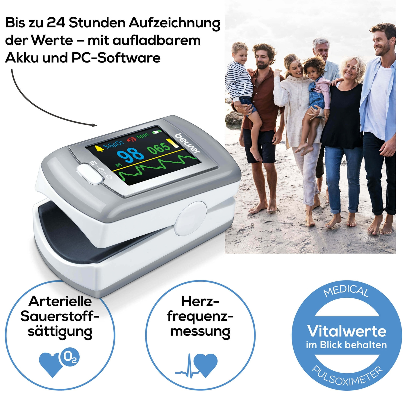 Beurer Pulsoximeter PO 80-Pulsoximeter zur Messung der Sauerstoffsättigung & Herzfrequenz mit PC-Schnittstelle