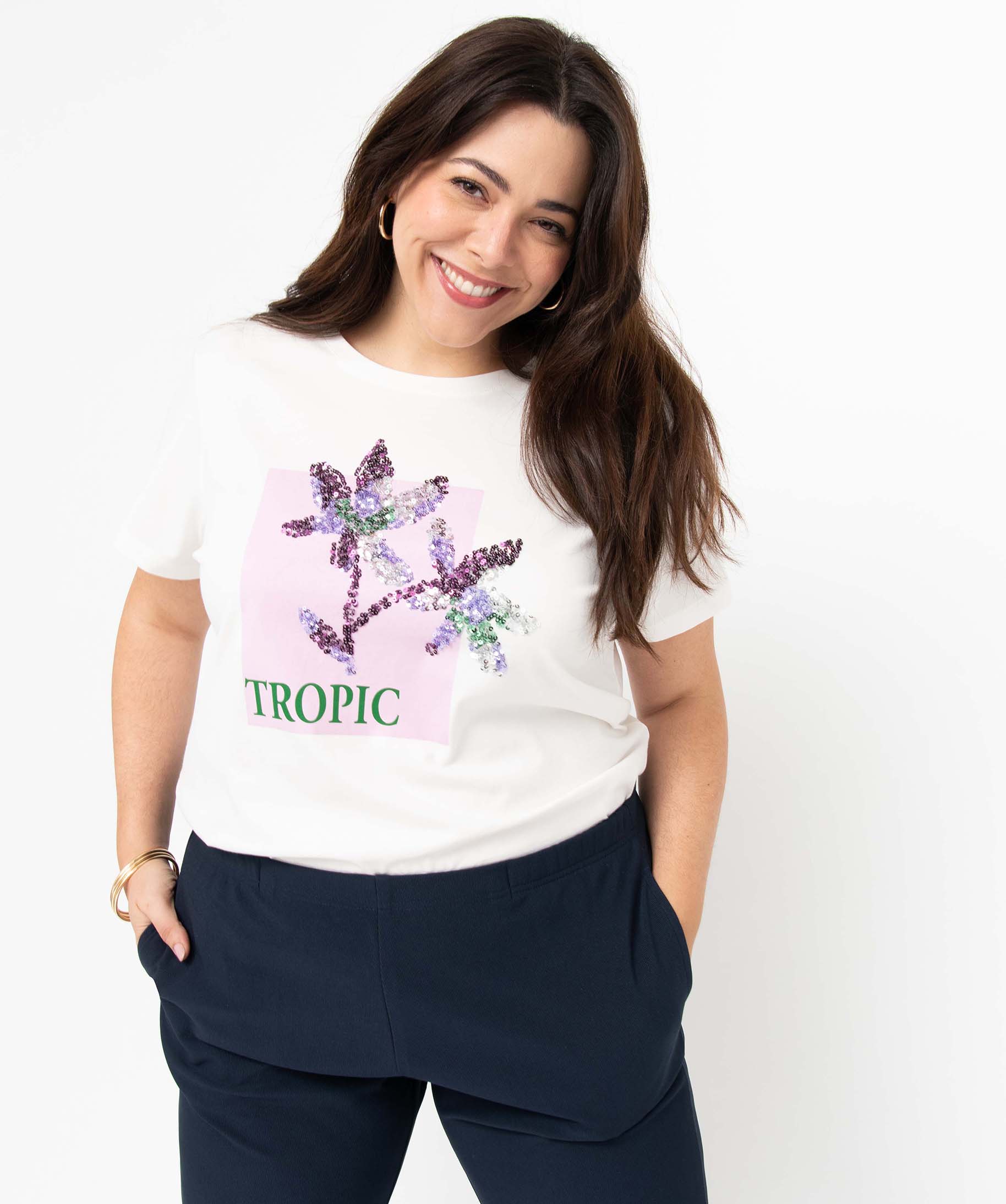 Tee-shirt femme grande taille avec motif brodé imprime | GEMO