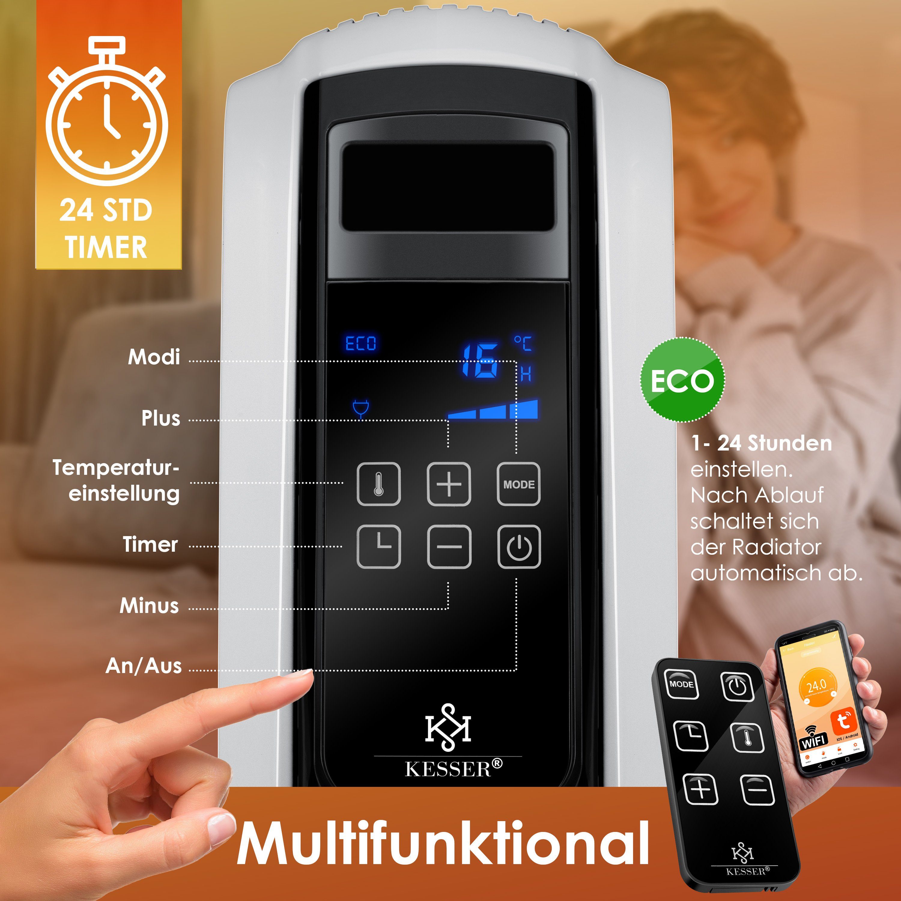 KESSER Ölradiator, 2000 W, Ölradiator mit WiFi App Fernbedienung digitalem Display