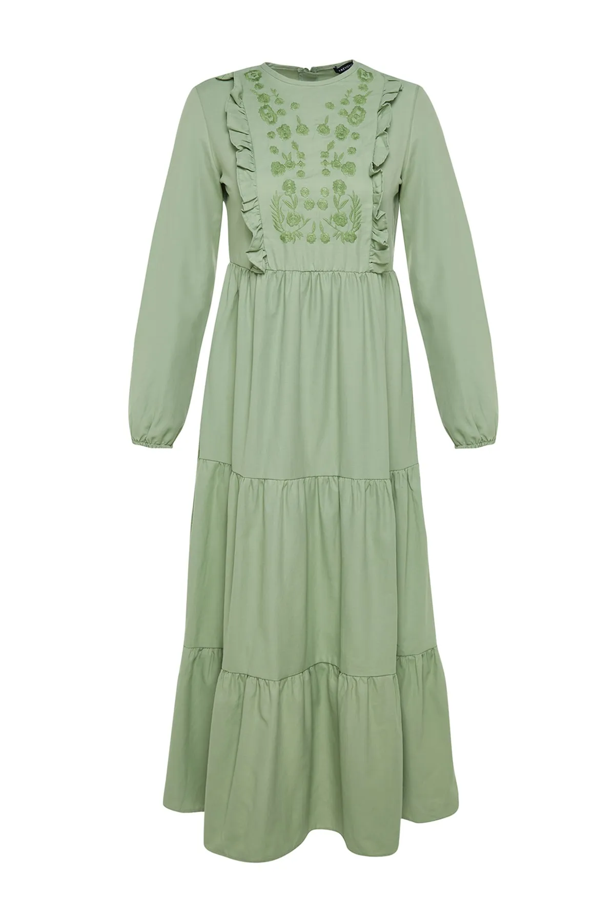Trendyol Modest  Khakifarbenes, besticktes Webkleid mit Rüschendetail TCTSS22EB0004
