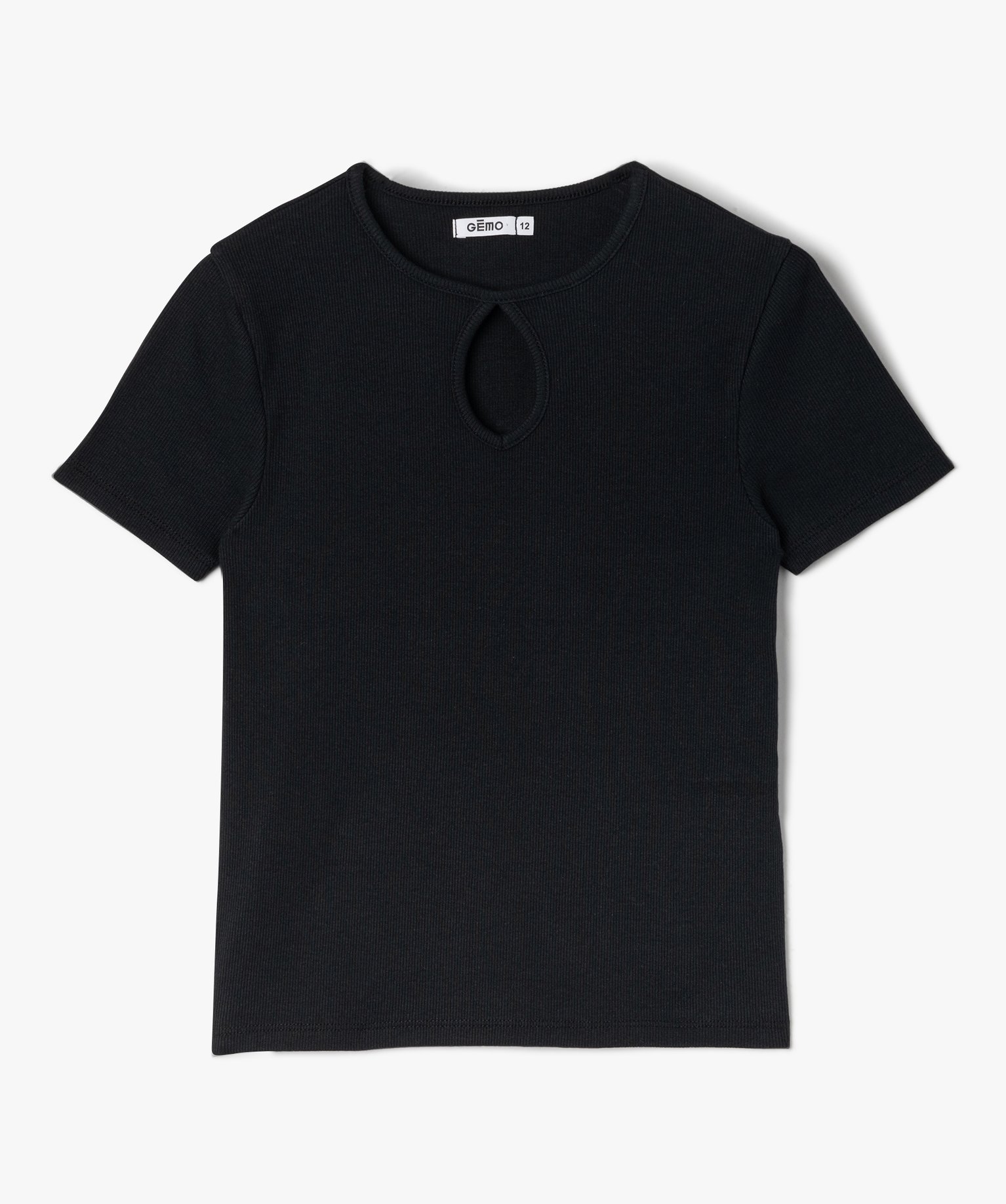 Tee-shirt fille en maille ctelée avec ouverture goutte noir | GEMO
