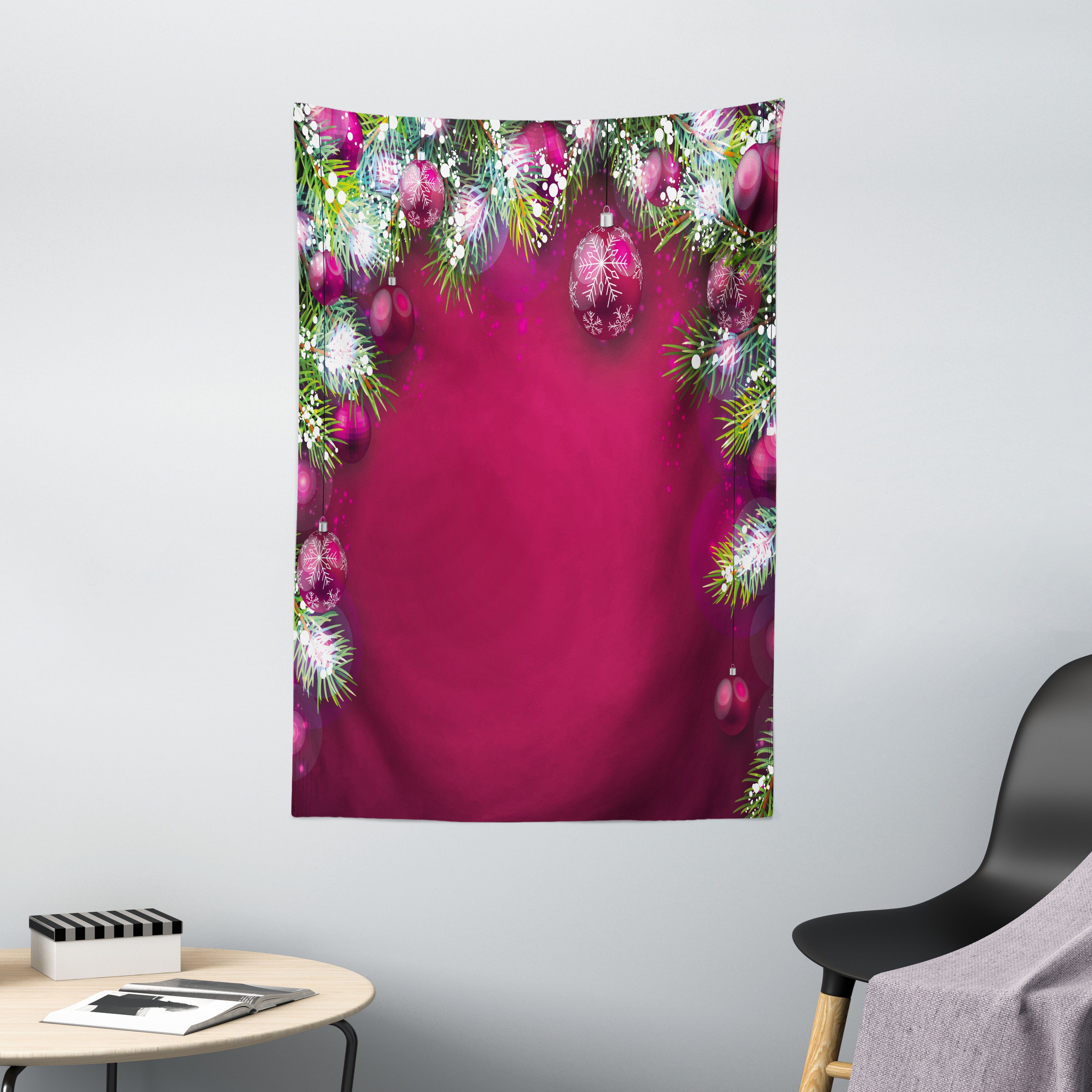 Wandteppich Wohnzimmer Schlafzimmer Wandtuch Seidiges Satin Wandteppich, Abakuhaus, rechteckig, Weihnachten Baumkugeln Schneeflocken