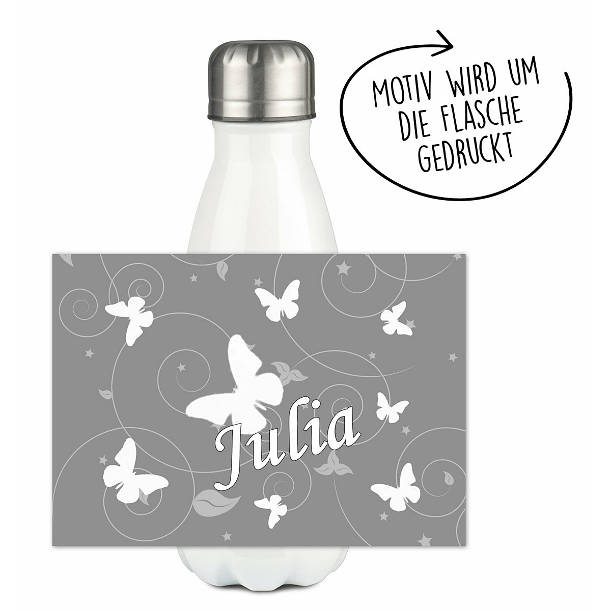 Edelstahl Kinder Thermoflasche / Trinkflasche bunt Schmetterling Ornamente Farbe grau Spülmaschinenfest, Auslaufsicher, Bruchfest, Doppelwandig, Für Heißgetränke geeignet, Mit Deckel, Isoliert