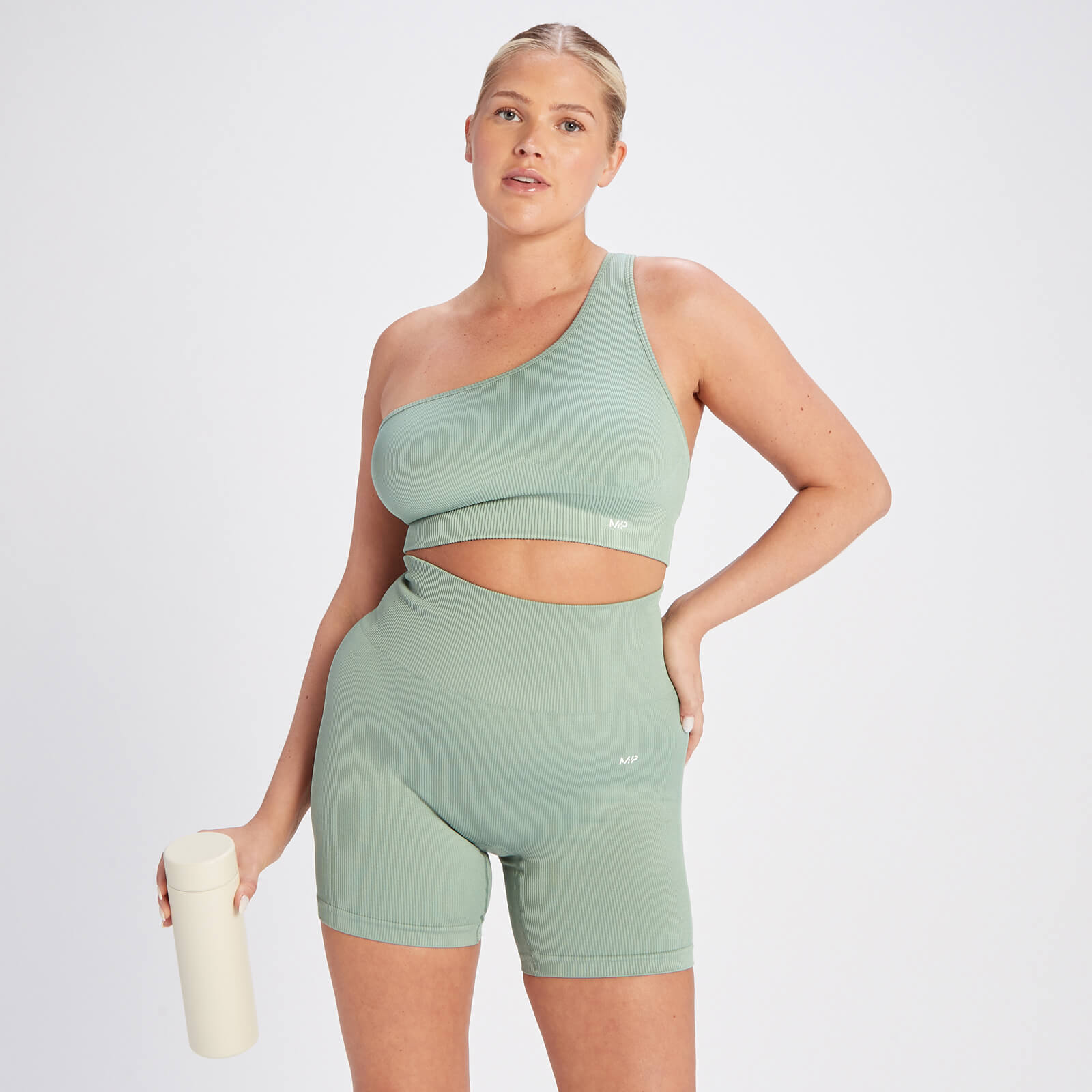 Brassière asymétrique côtelée sans coutures MP Tempo pour femmes – Vert sauge