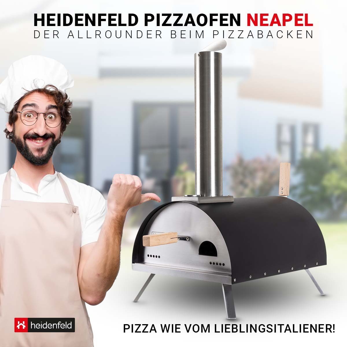 Heidenfeld Pizzaofen Edelstahl Pizza Ofen Neapel inkl. Pizzastein - bis 500°C, Pellets oder Hybrid 2in1 Gasgril - Sichtfenster - Backofen - Holzofen