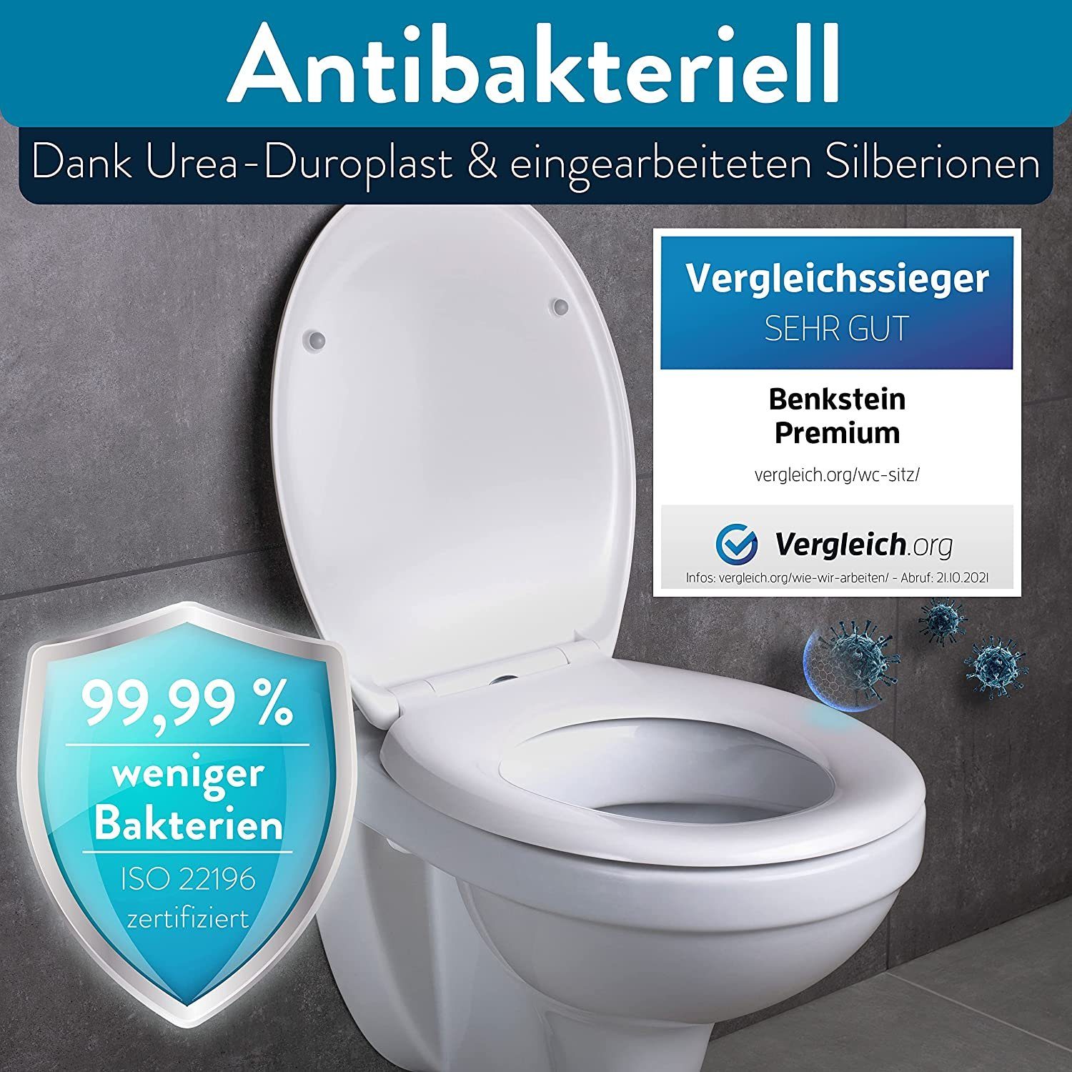 Benkstein WC-Sitz Premium Klodeckel antibakteriell- WC Deckel 2x Quick-Release, Toilettendeckel WC Sitz mit Quick-Release-Funktion und Soft close