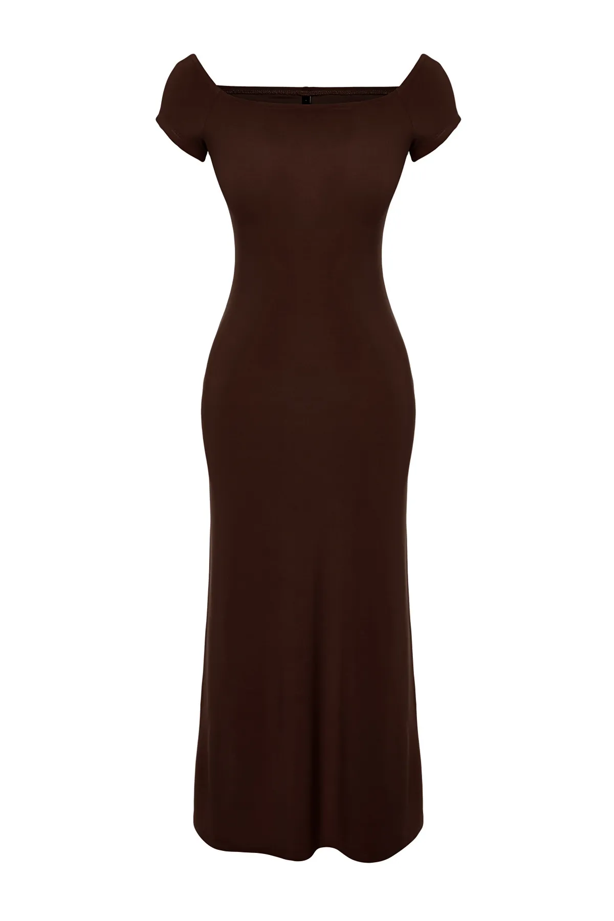 Trendyol Collection  Braunes tailliertes/tailliertes flexibles Strick-Maxi-Bleistiftkleid mit Carmen-Kragen TWOSS24EL00096