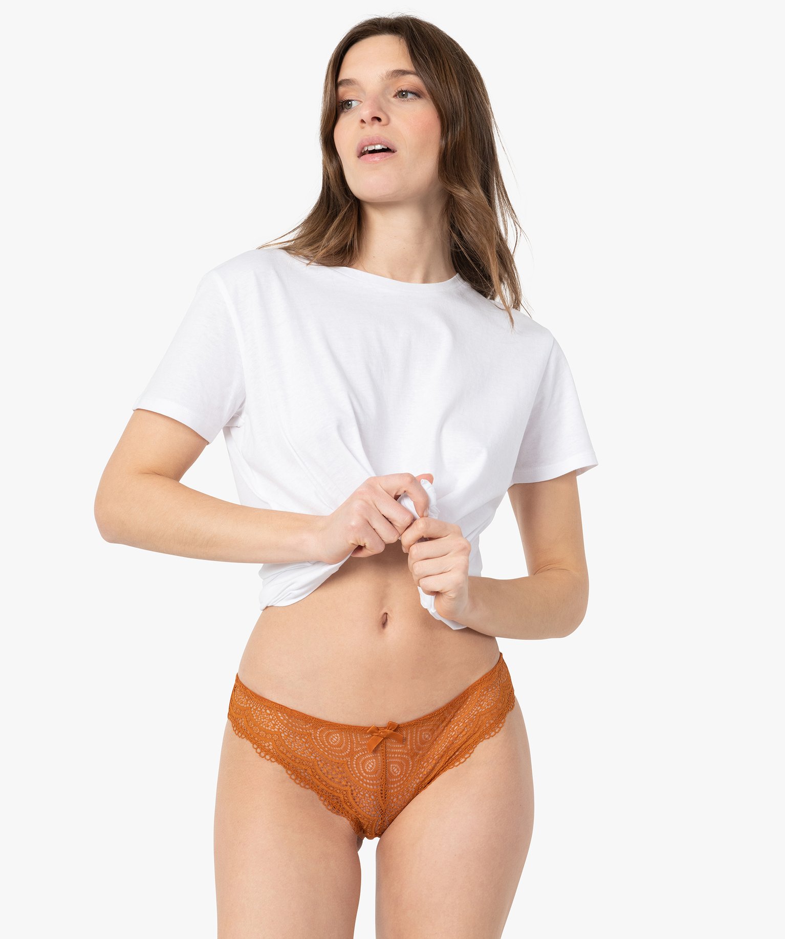 Culotte femme en microfibre et dentelle (lot de 2) cognac | GEMO