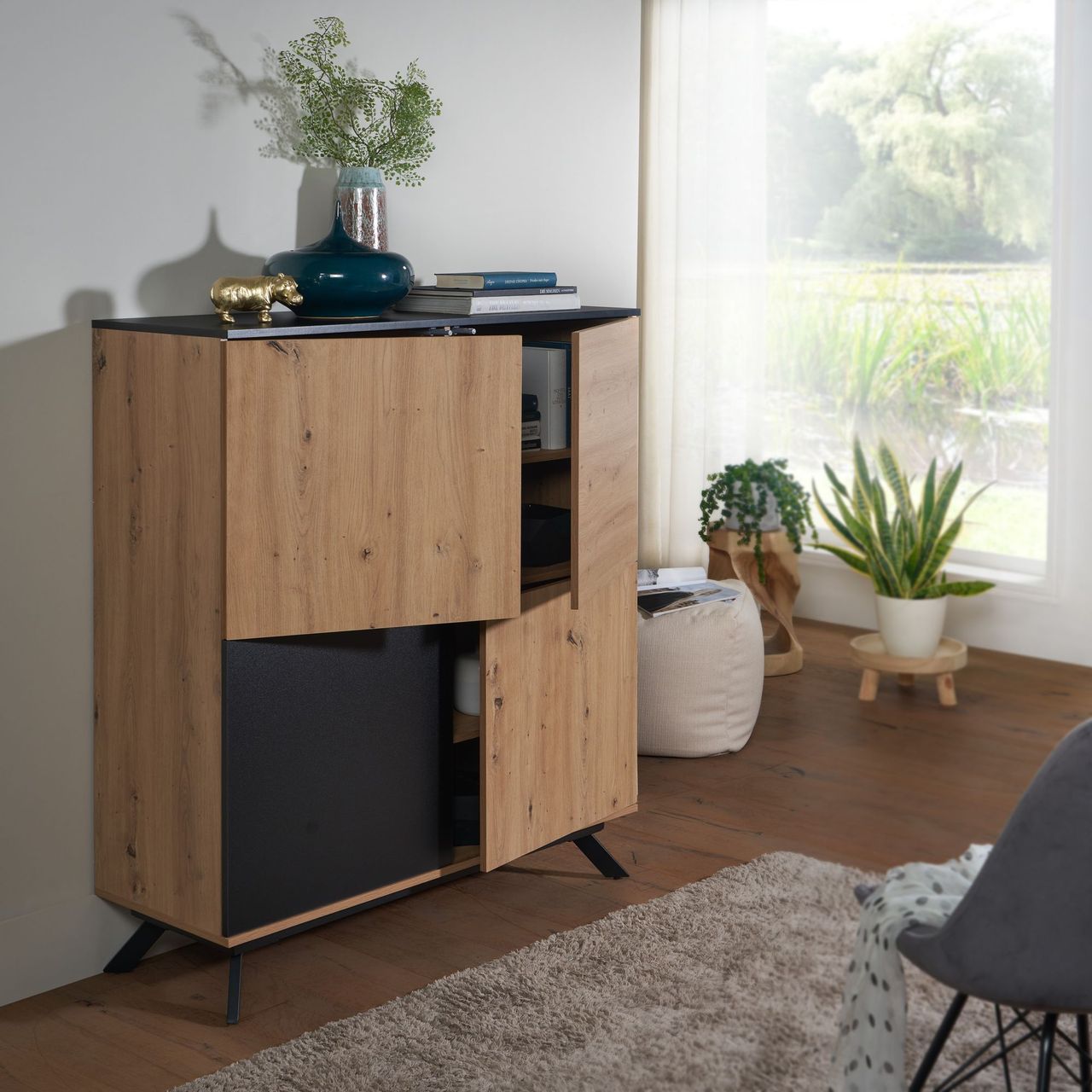 Skyport WOHNLING Highboard 110x125x40 cm MDF Sideboard Eiche Dekor Kommode Anrichte