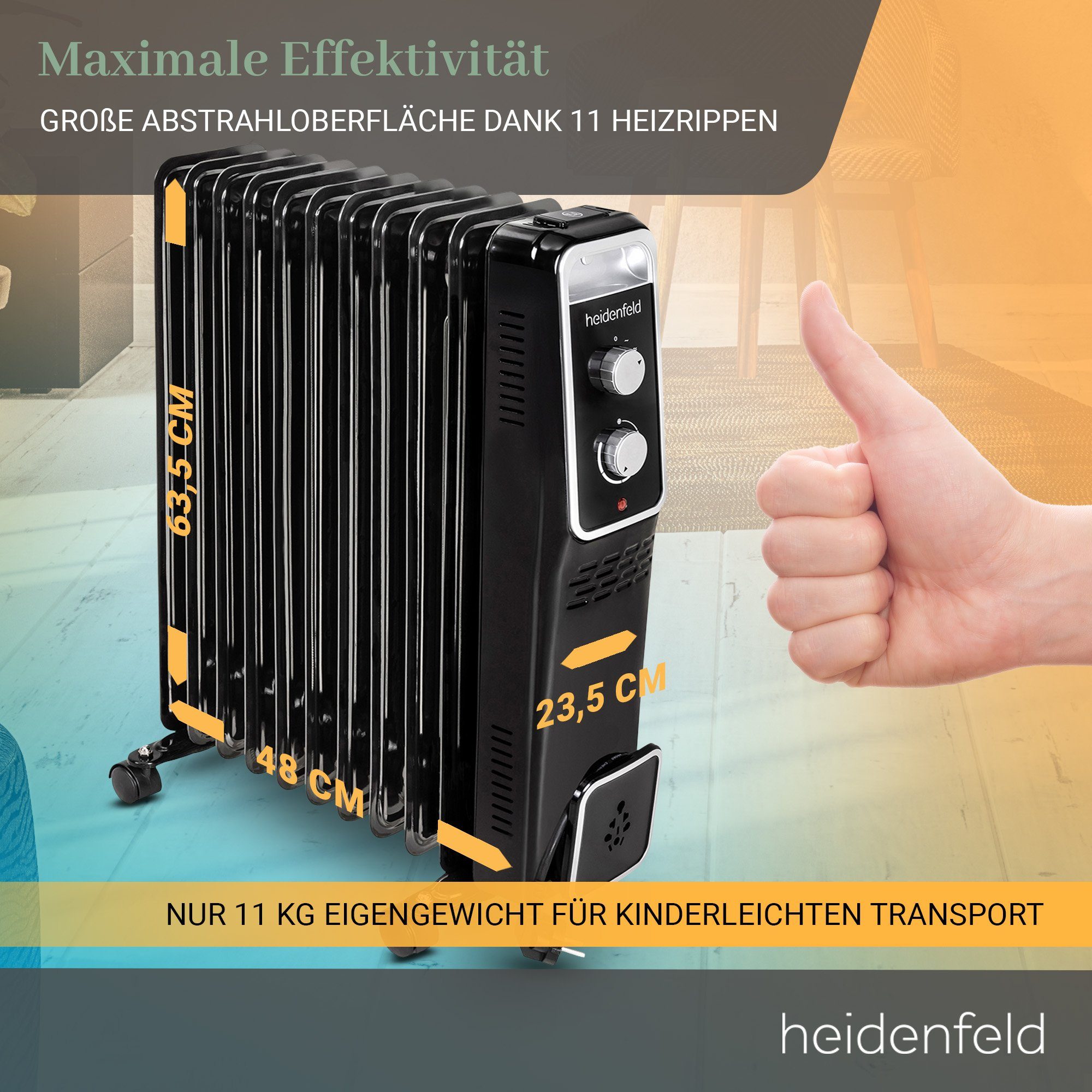 Heidenfeld Ölradiator Mobiler Elektro Heizkörper ÖR100 Heizung inkl. 3 J. Garantie, 2500 W, Thermostat - Heizstrahler - Elektroheizung - Heizlüfter