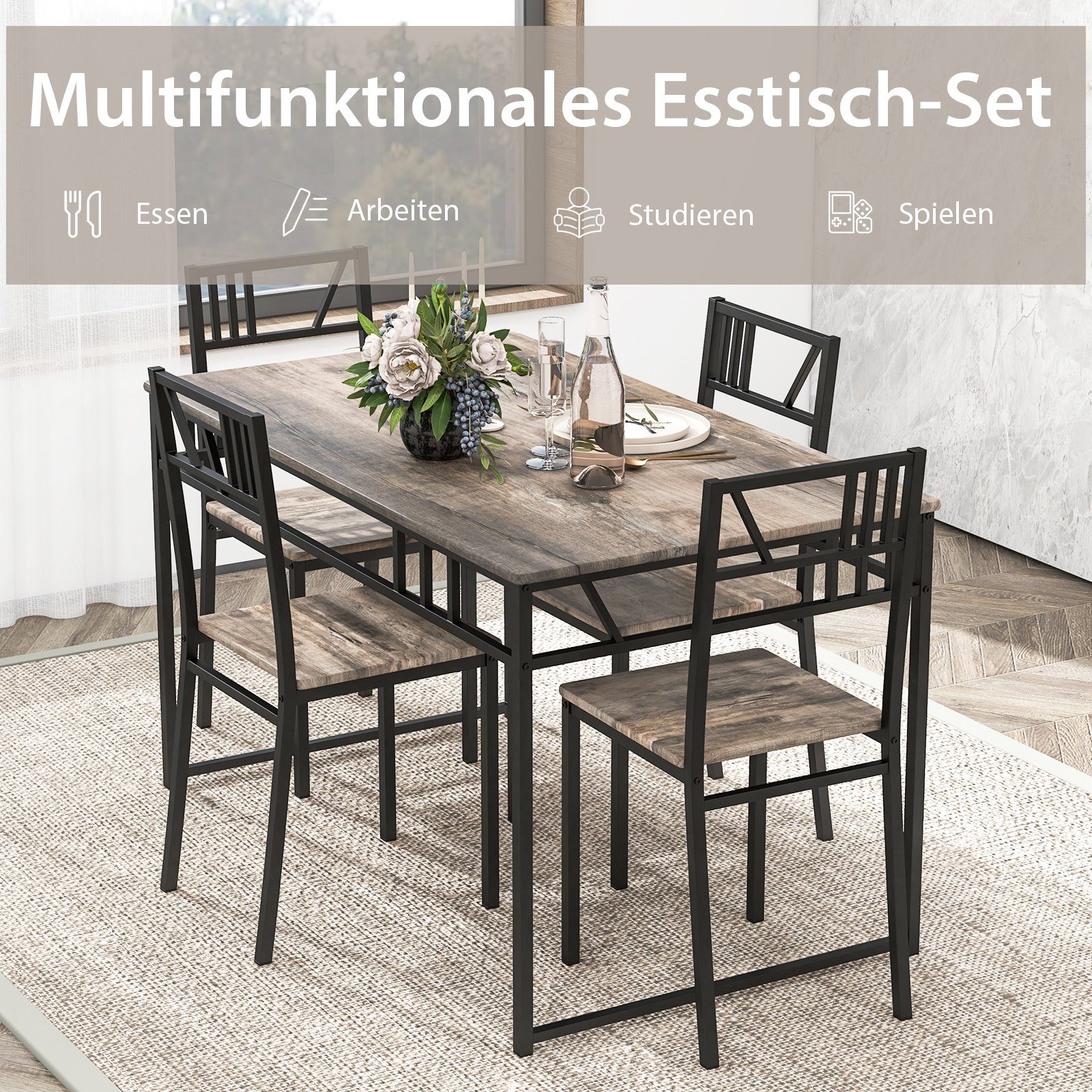 COSTWAY Essgruppe, 5 tlg.Esstisch mit 4 Stühlen, für 4 Personen, platzsparend