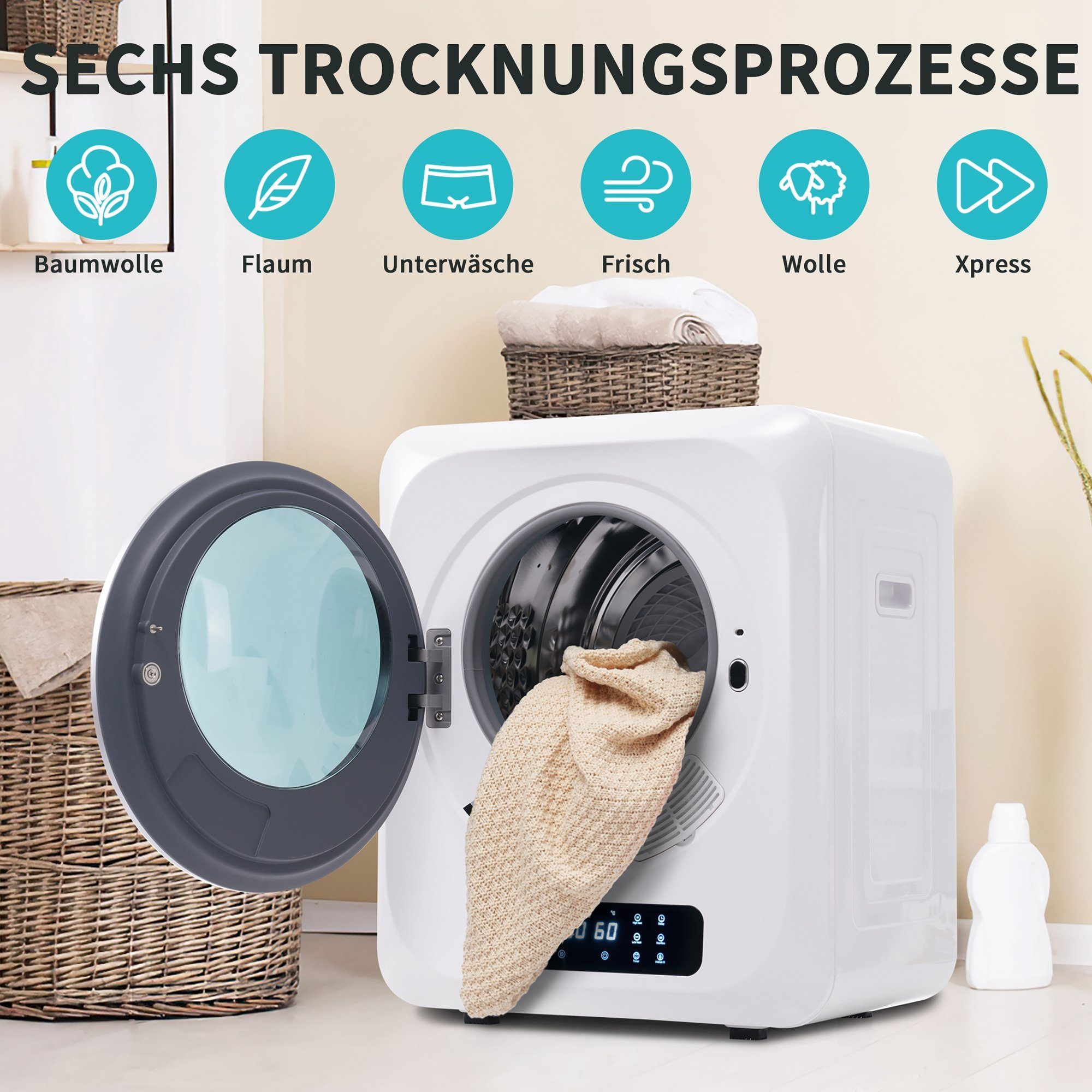 Merax Ablufttrockner mit UV-Sterilisation und LED-Display, mini-Wäschetrockner freistehend/hängend, 2.5 kg, Belüfteter Wäschetrockner mit Timer und 6 Programme