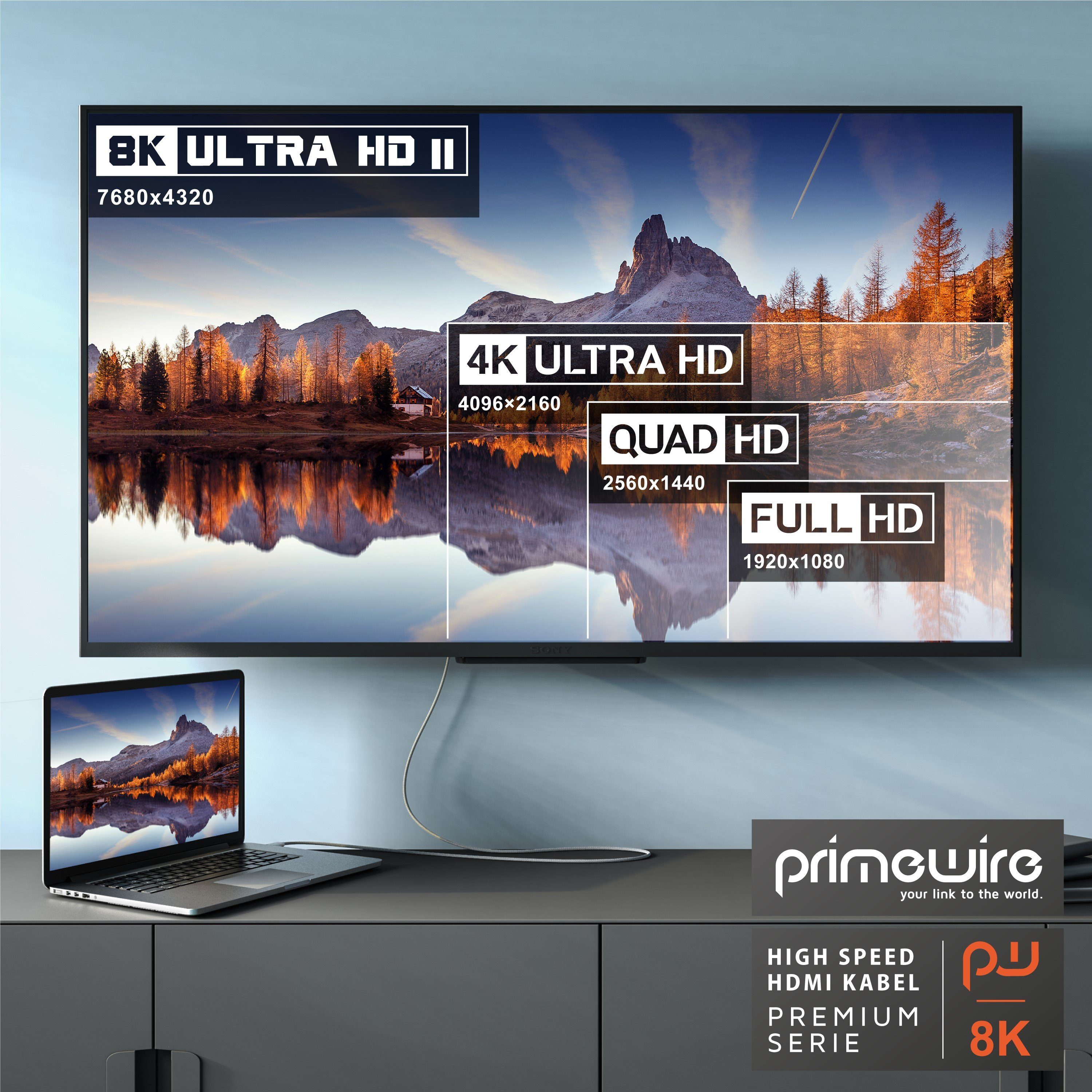 Primewire HDMI-Kabel, 2.1, HDMI Typ A (50 cm), 8K, Premium, Nylonummantelung, 7680 x 4320 @ 120 Hz mit DSC - 0,5m