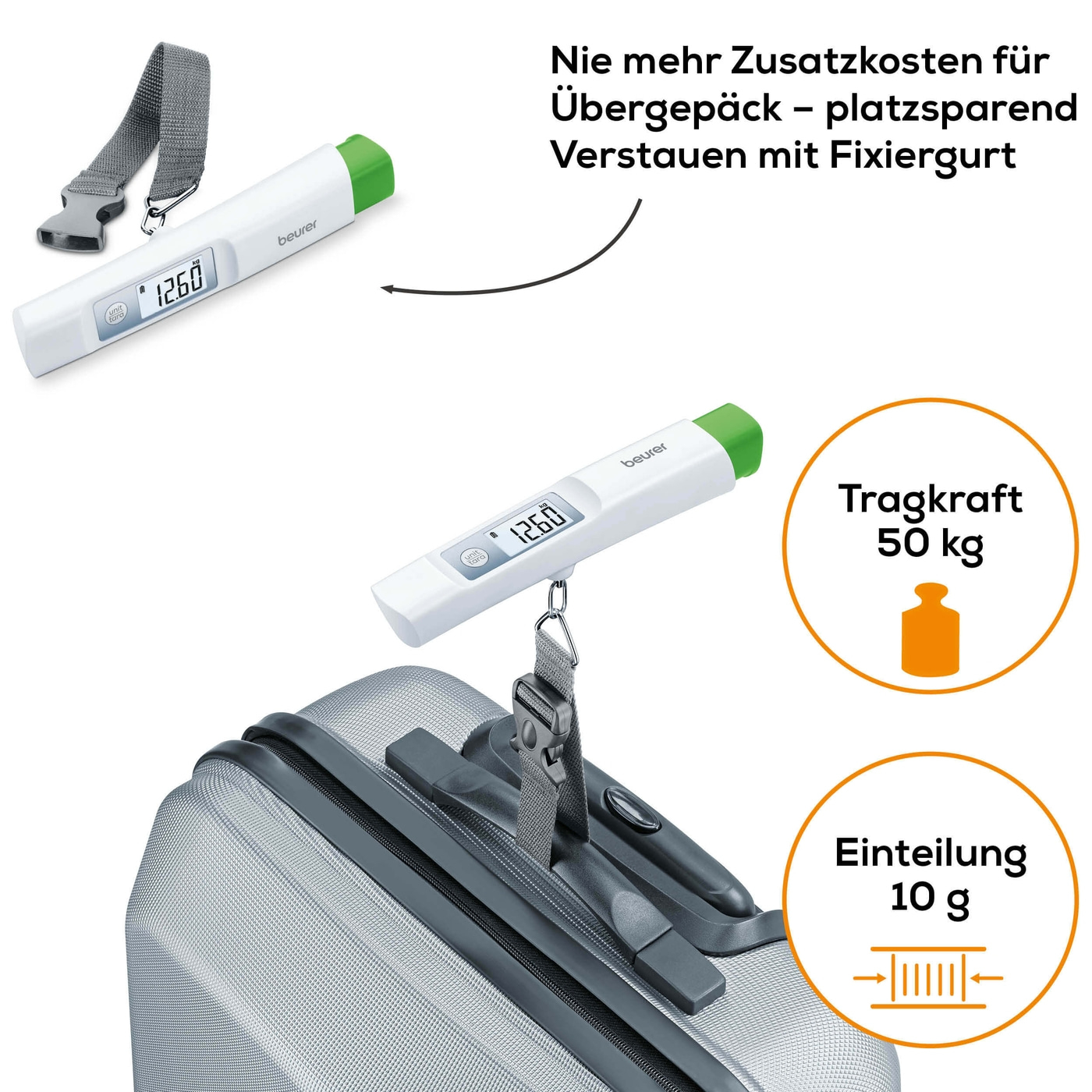 Beurer Kofferwaage LS 20 eco-Batterielose Kofferwaage mit Dynamo-Power & Hold-Funktion - bis 50 kg