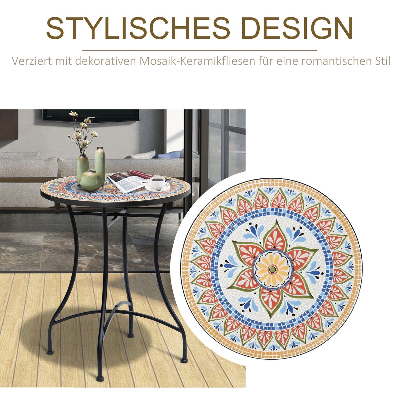 Outsunny Gartentisch Mosaiktisch rund Bistrotisch Beistelltisch mit Mosaikplatte Keramik Metall Rot Blau Weiß Ø60 cm