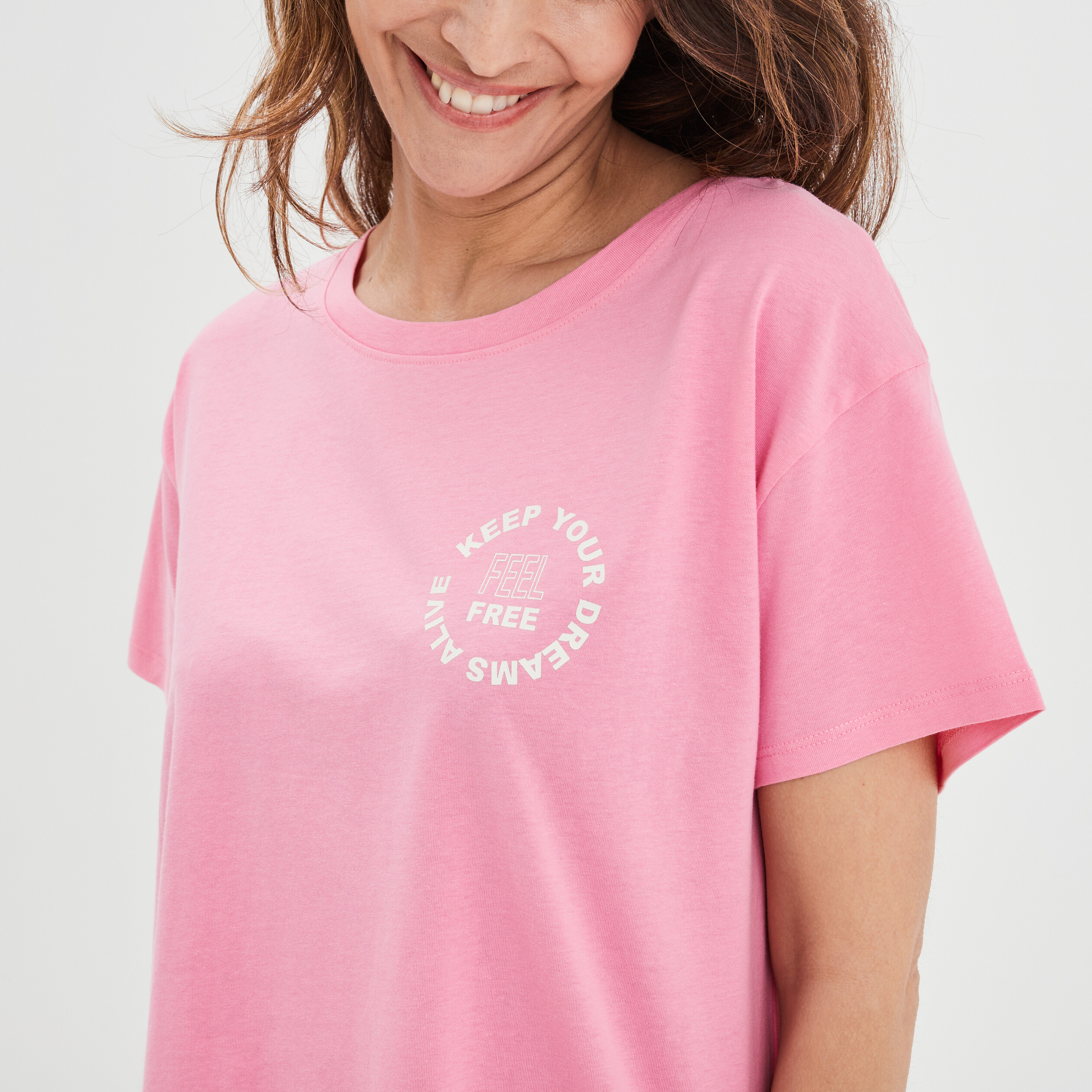 T-shirt col rond manches courtes coton rose femme | La Halle