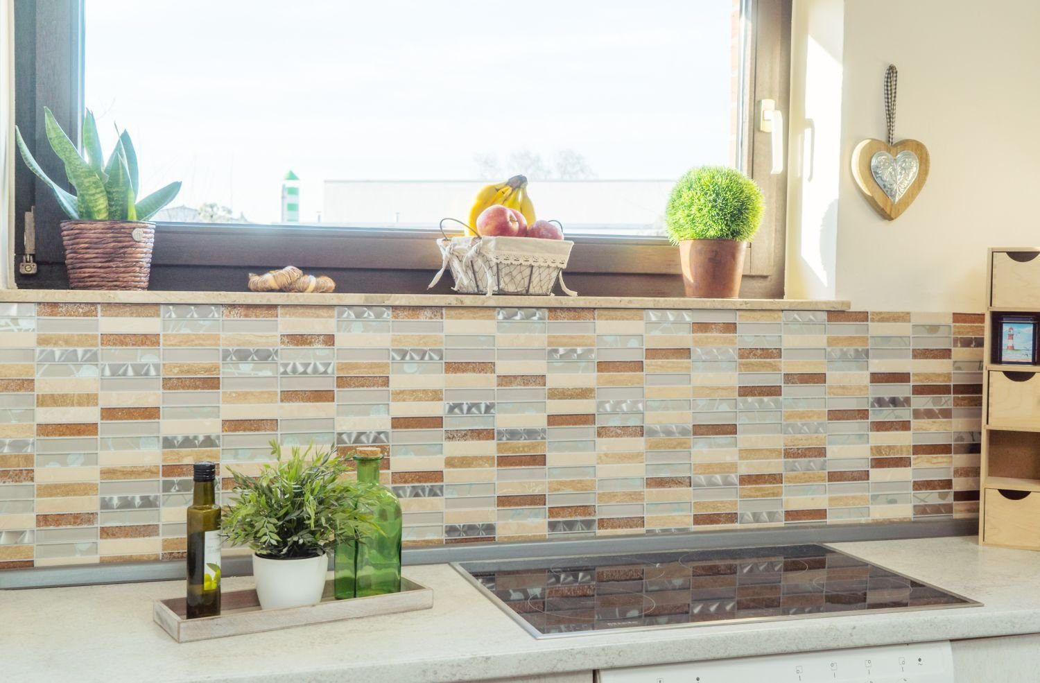 Mosani Mosaikfliesen Glasmosaik Naturstein Edelstahl Mosaik beige glänzend / 10 Matten