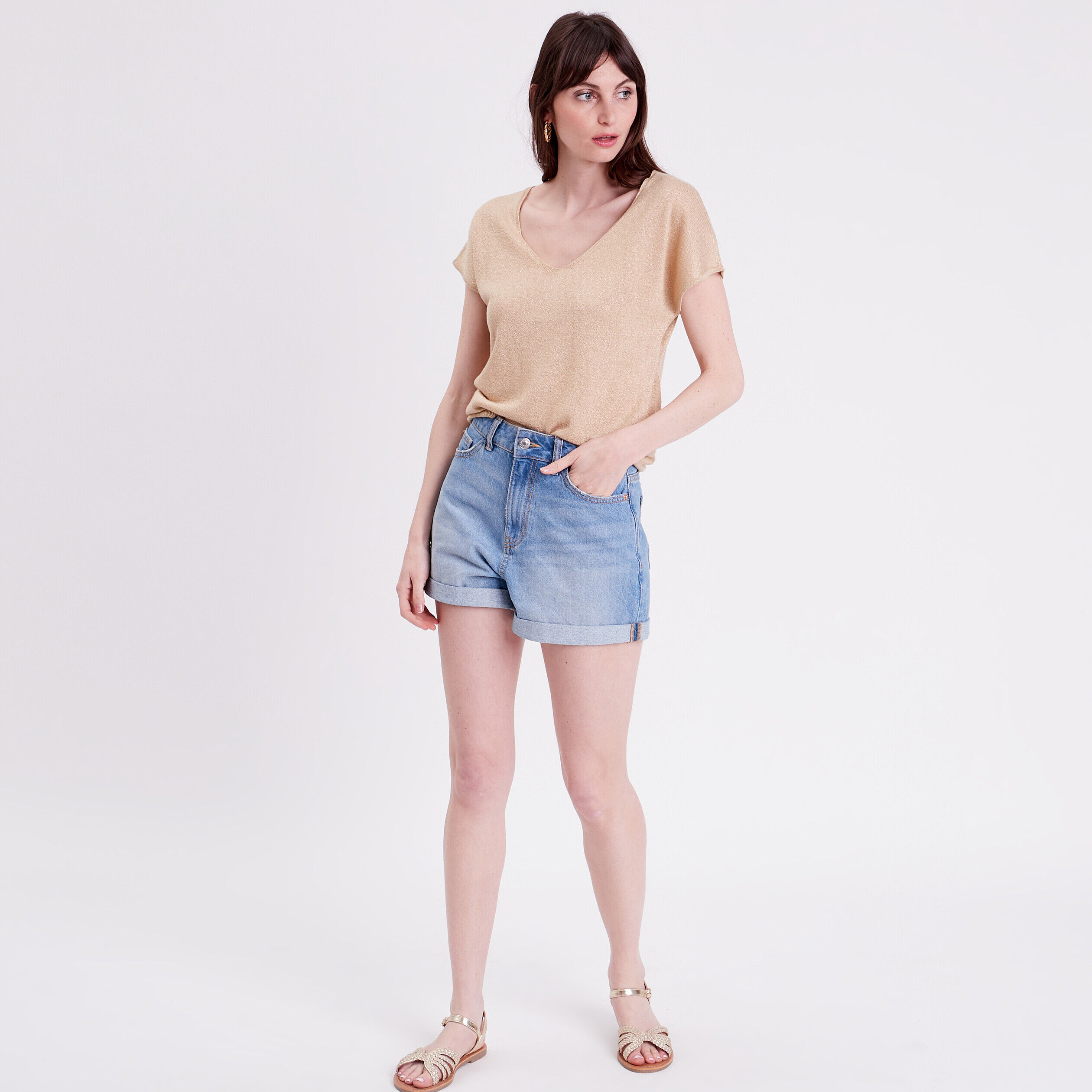 Pull col en V dos ouvert sable femme | Cache Cache