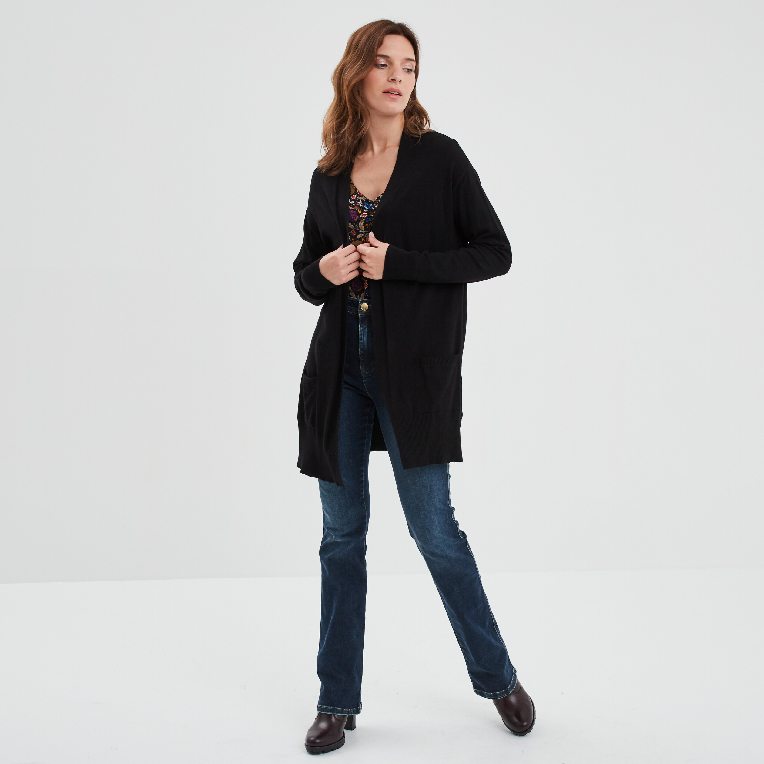 Gilet mi-long manches longues noir femme | La Halle