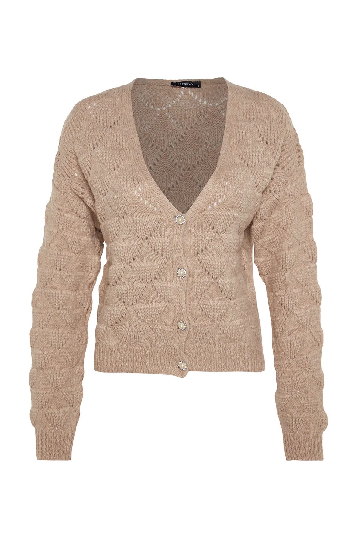 Trendyol Collection  Nerzfarbene Strickjacke mit Lochmuster TWOAW24HI00311