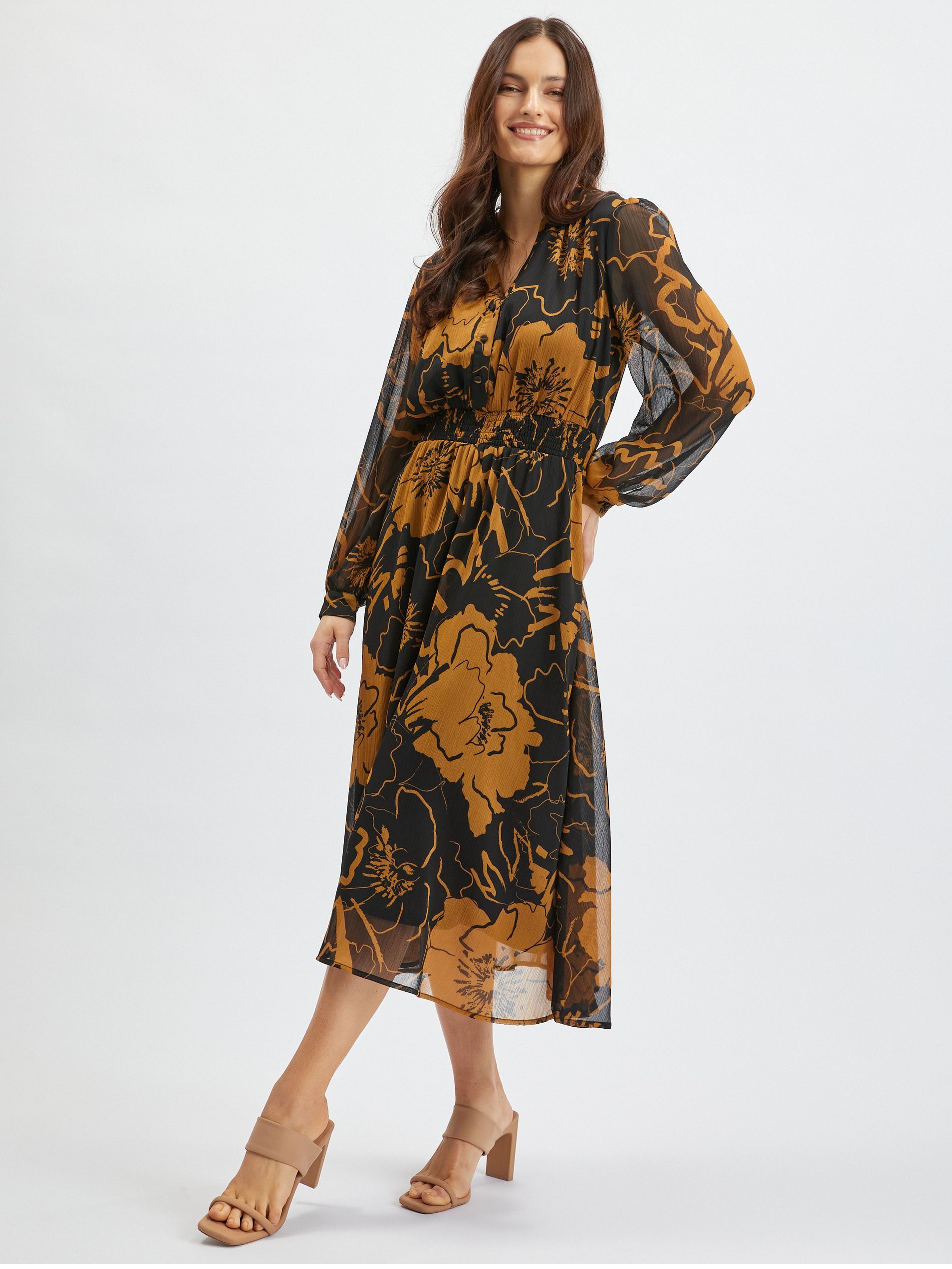 Braunes und schwarzes Damen-Midikleid mit Blumenmuster ORSAY