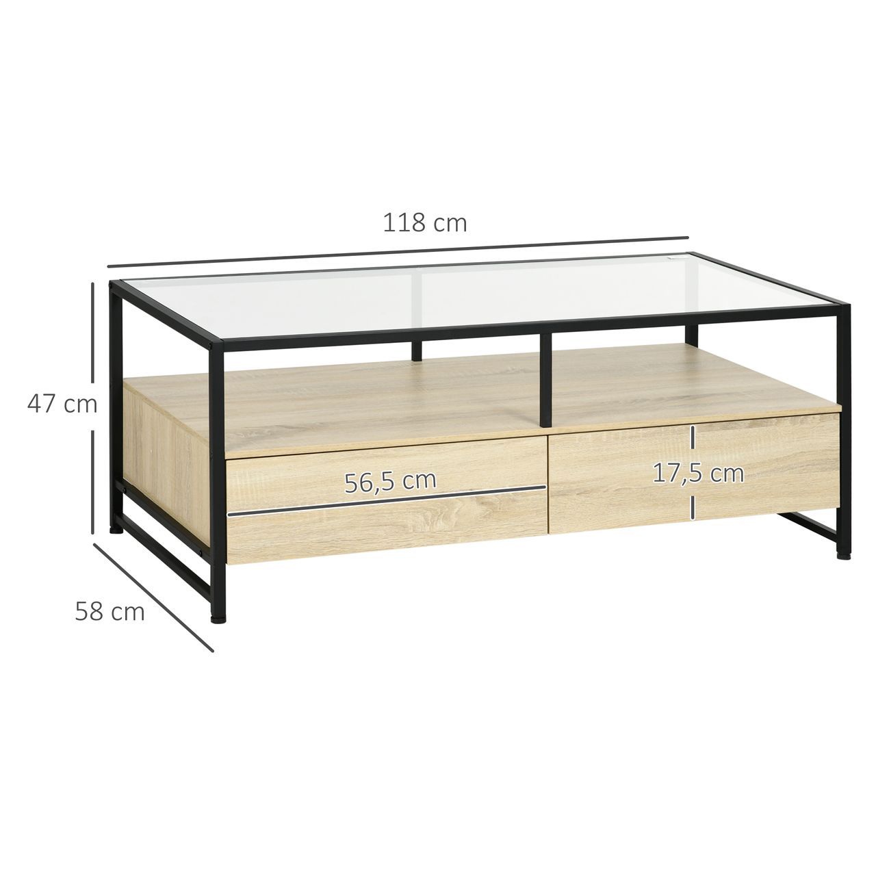 HOMCOM Couchtisch, Beistelltisch mit Schublade, Kaffeetisch mit Stauraum Eiche