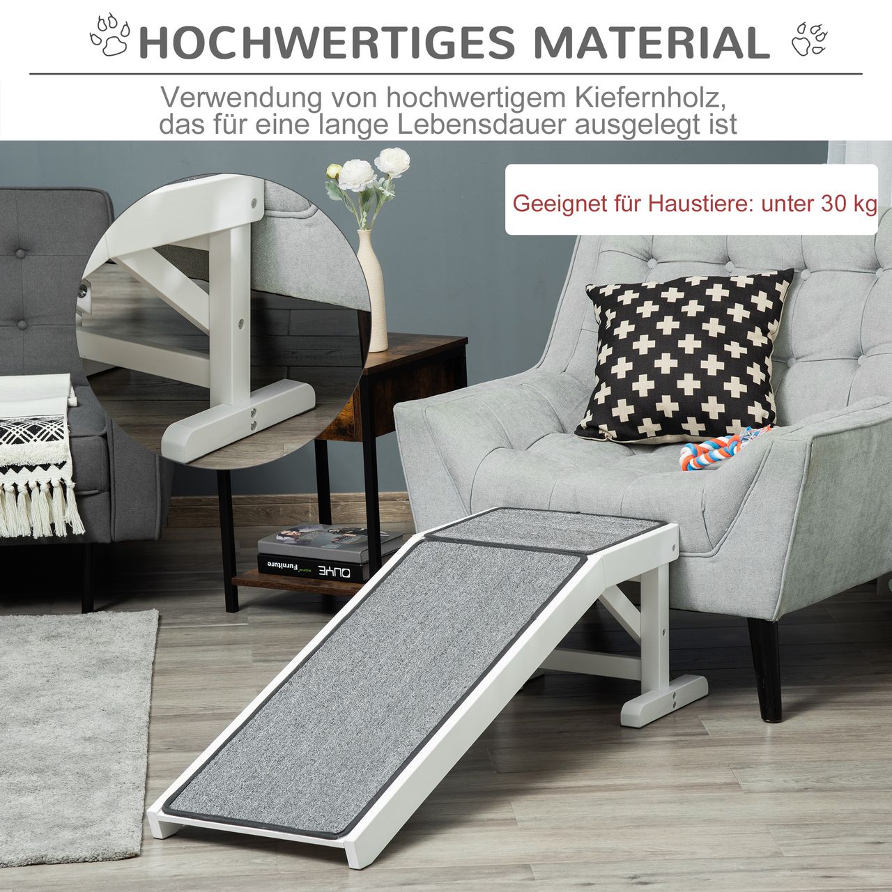 PawHut Haustierrampe mit rutschfestem Teppich Haustierleiter Hunderampe für Hund bis 30 kg Kiefernholz Polyester Weiß Grau 125 x 40 x 35,5 cm