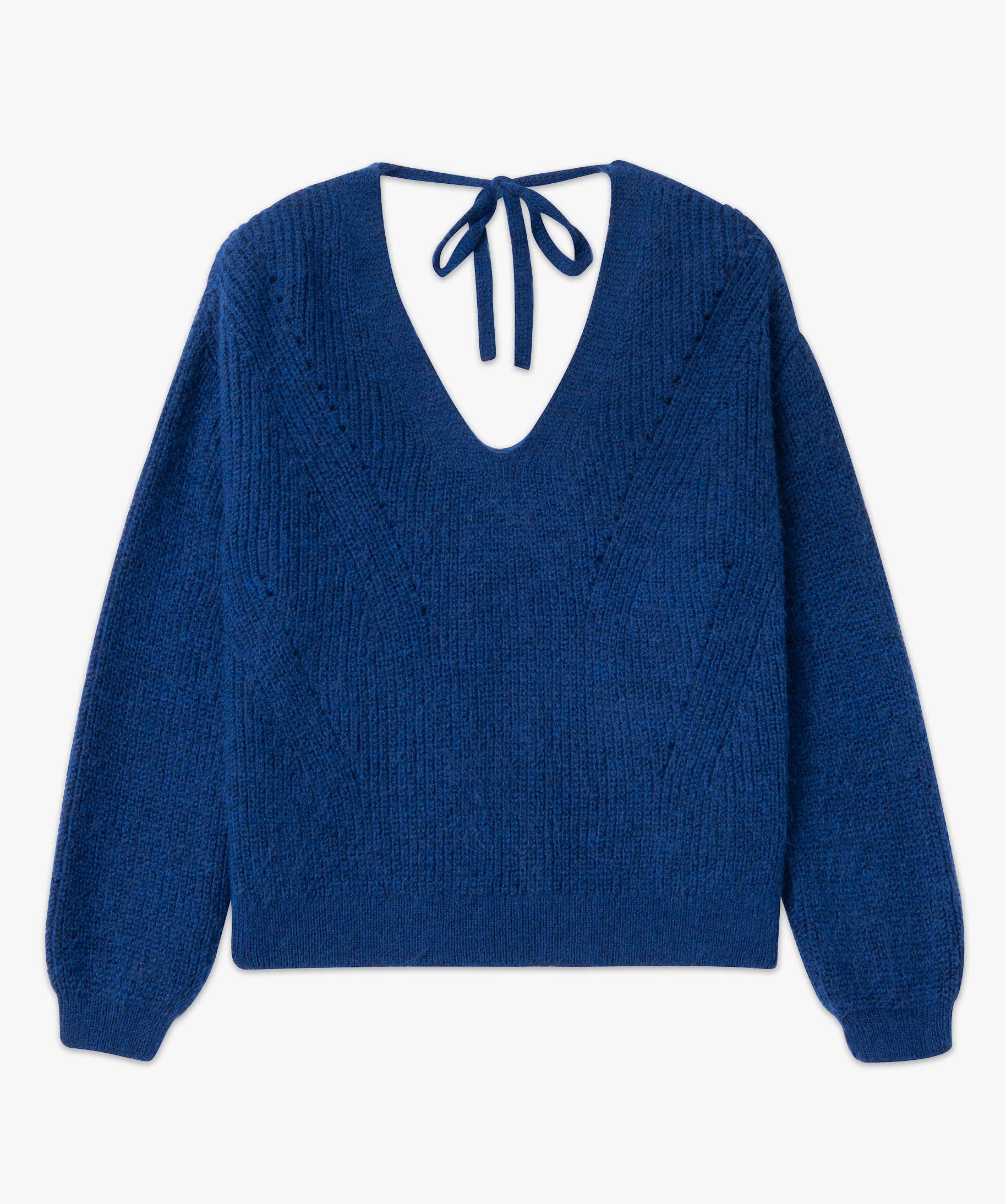 Pull femme en grosse maille à double col V bleu | GEMO