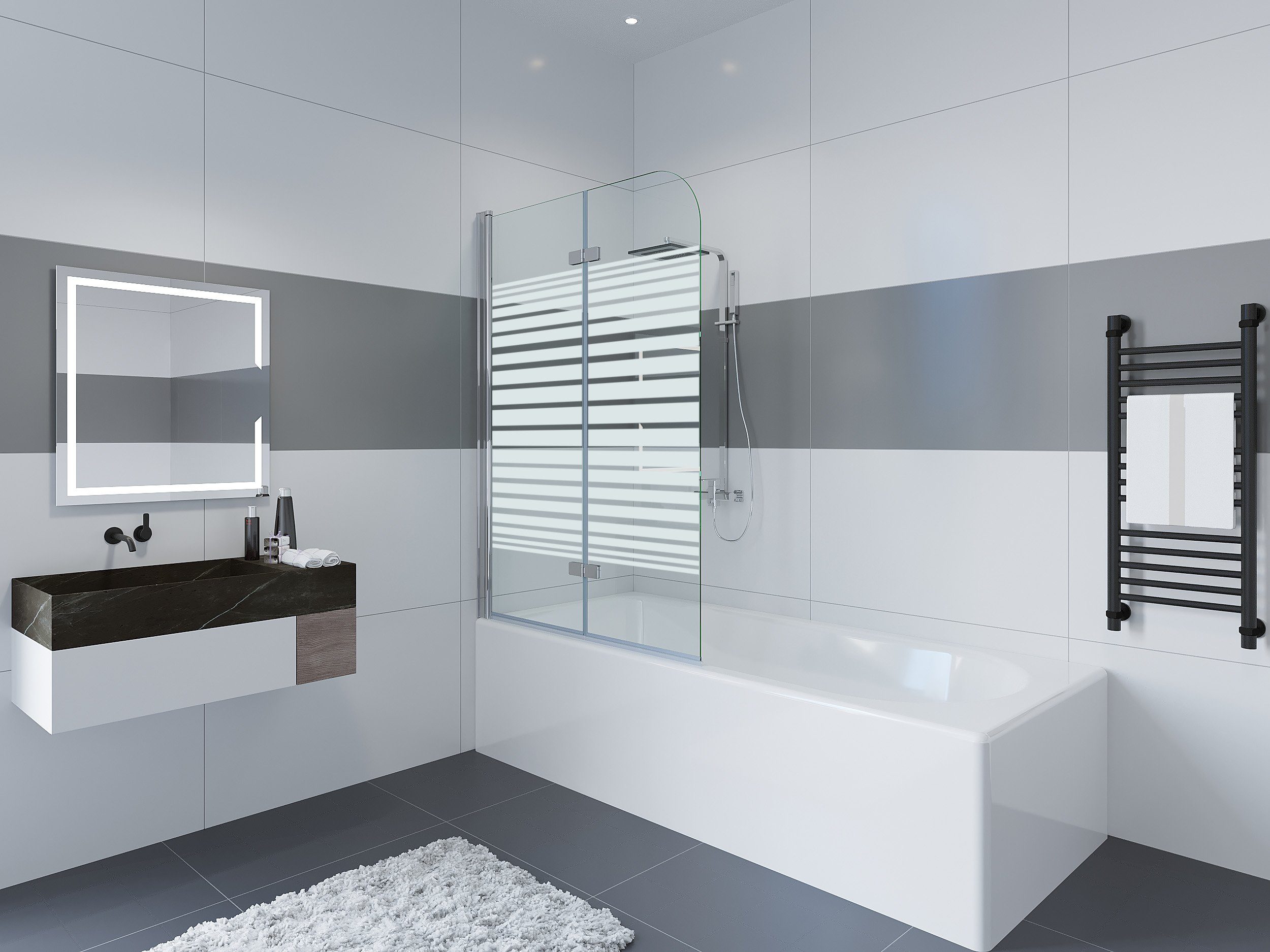 IMPTS Badewannenaufsatz Duschwand für Badewanne, Glas Alu, (2 tlg., 2 TLG), Duschabtrennung für Badewanne, inkl. Nano-Beschichtung Badewannenfaltwand, Dekor Querstreifen, Badewannenaufsatz
