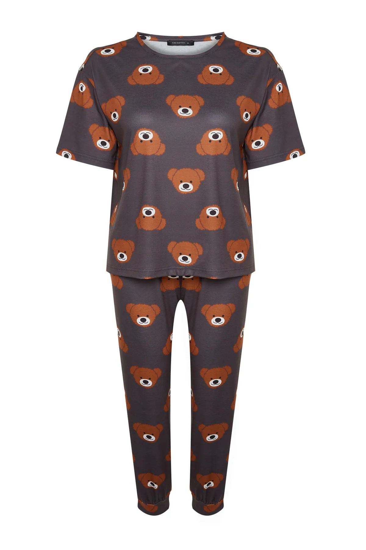Trendyol Curve  Graues, gestricktes Pyjama-Set mit Teddybär-Muster TBBAW23AI00039