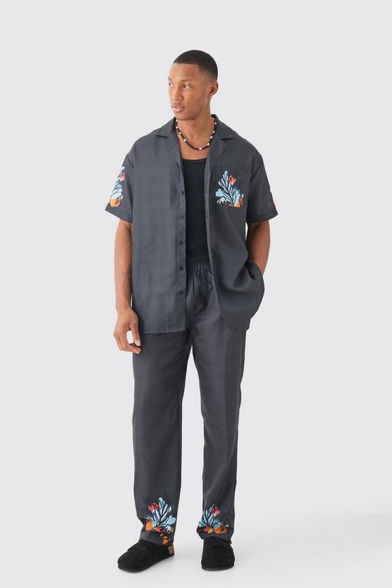 Leinen-Look Hemd mit floralem Saum & Hose