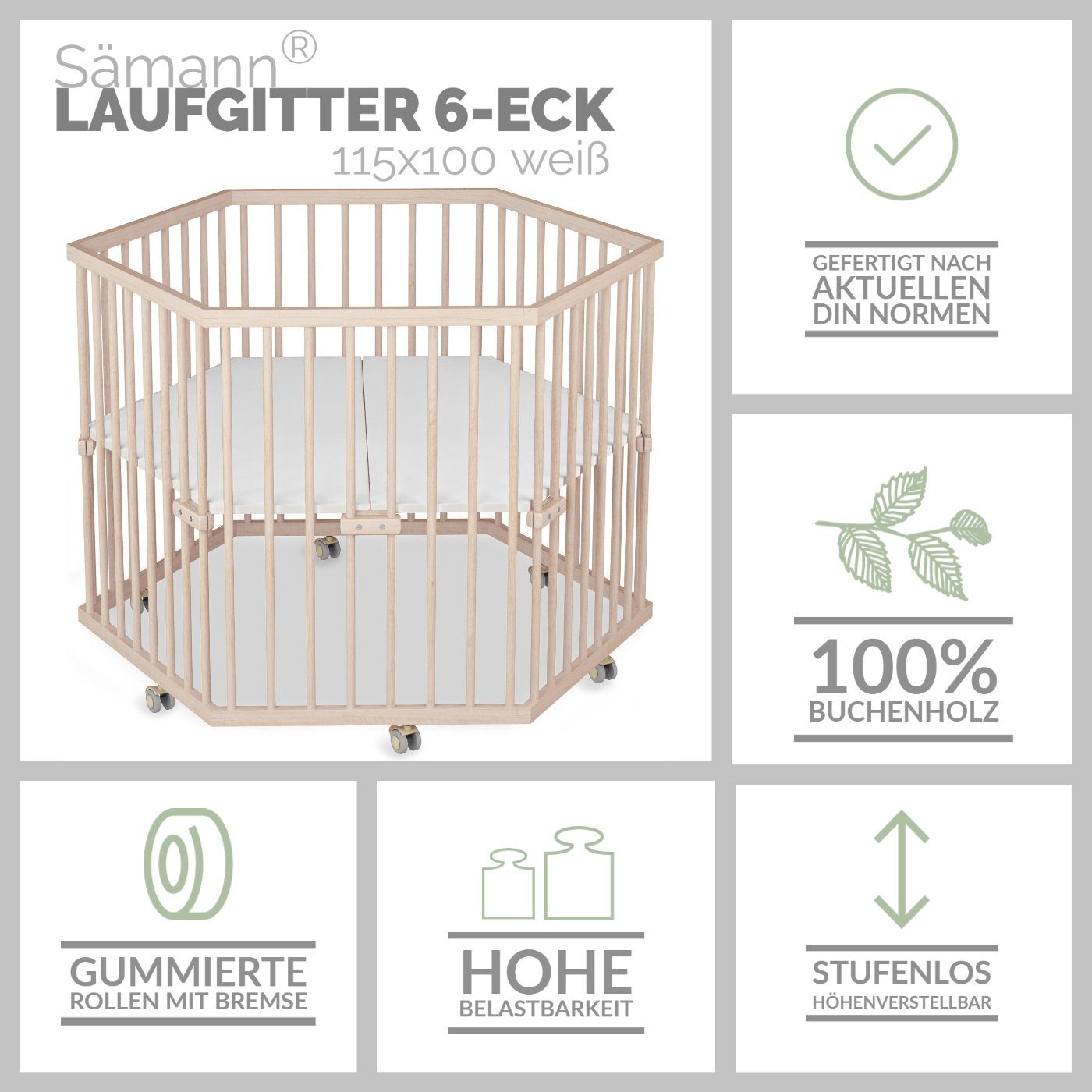 Sämann Laufgitter 6-eckig mit Matratze, weiß, stufenlos höhenverstellung, Made in Germany, gefertigt nach DIN Norm