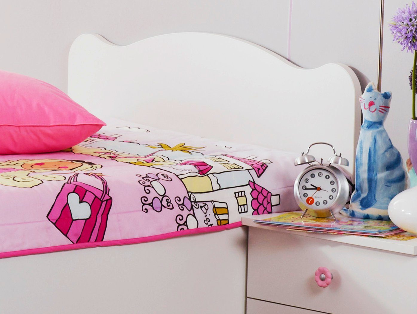 Kindermöbel 24 Komplettschlafzimmer Kinderzimmer Mädchen Blümchen 3-teilig weiß - rosa