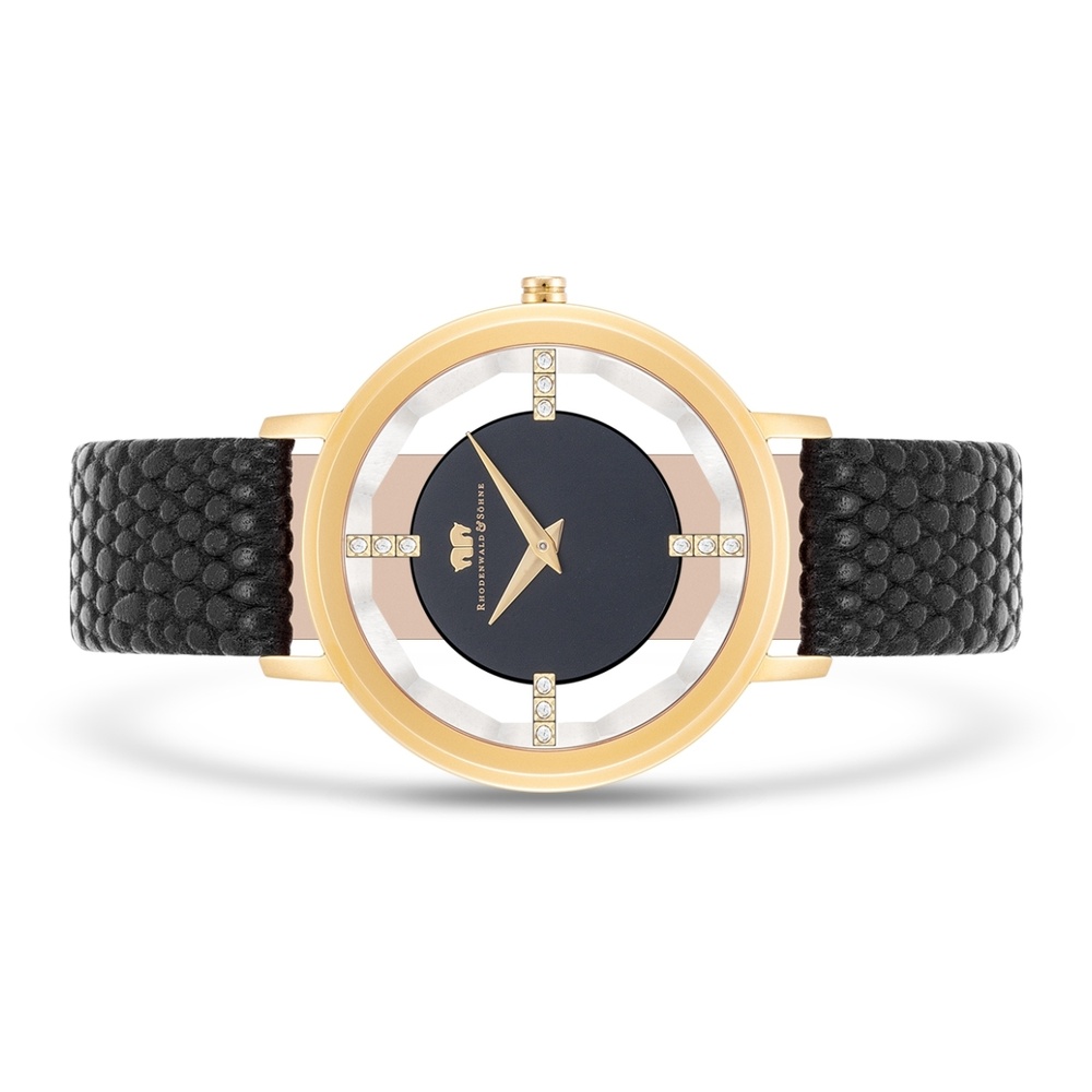 Rhodenwald & Söhne Montre à quartz Lucrezia en Or jaune Cuir véritable en Noir Montre