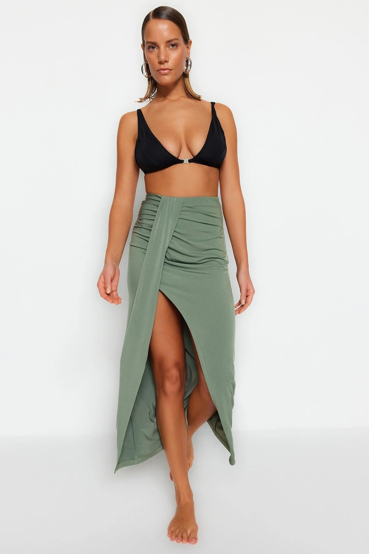 Trendyol Collection  Khakifarbener, taillierter, gewebter Maxi-Schlitzrock TBESS23ET00021