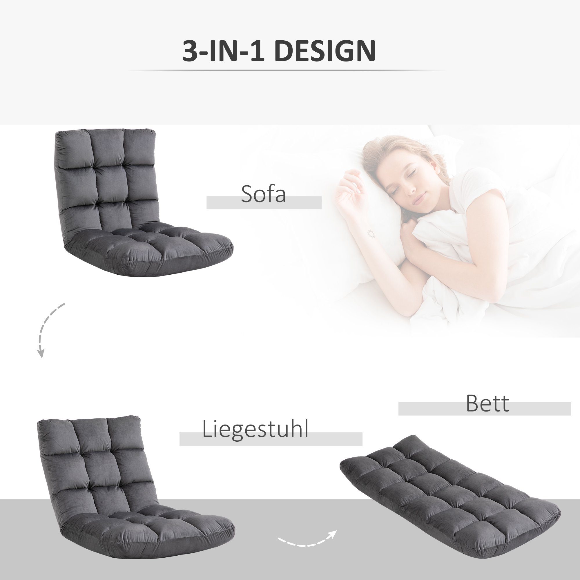 HOMCOM Sitzkissen Bodenstuhl 2-in-1 Klappbar Bodensessel mit Rückenlehne, Metall Schaumstoff Dunkelgrau 55 x 71 x 53,5 cm