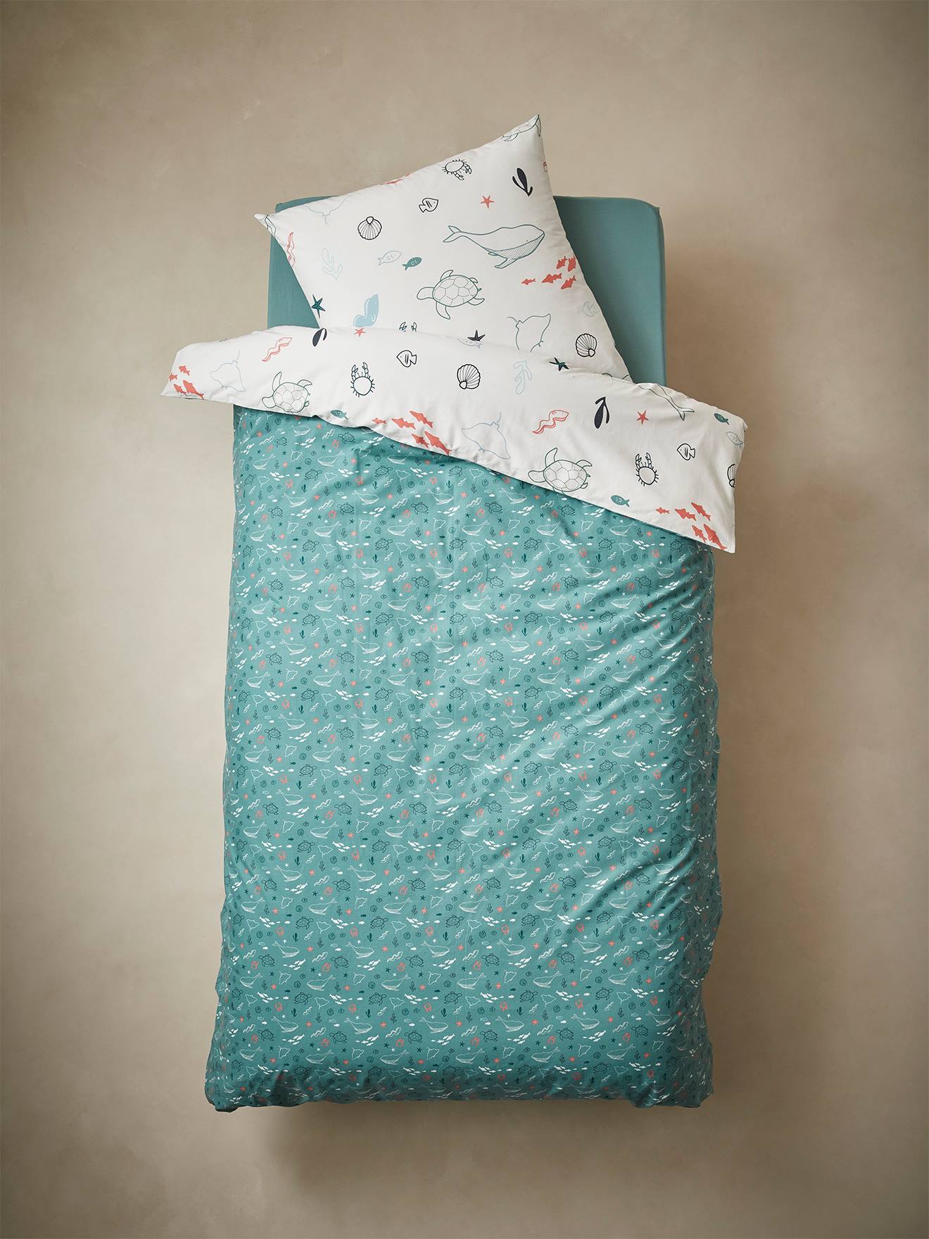 Vertbaudet Kinder Bettwäsche-Set MEERESTIEFE Oeko-Tex - wollweiß/aquamarin