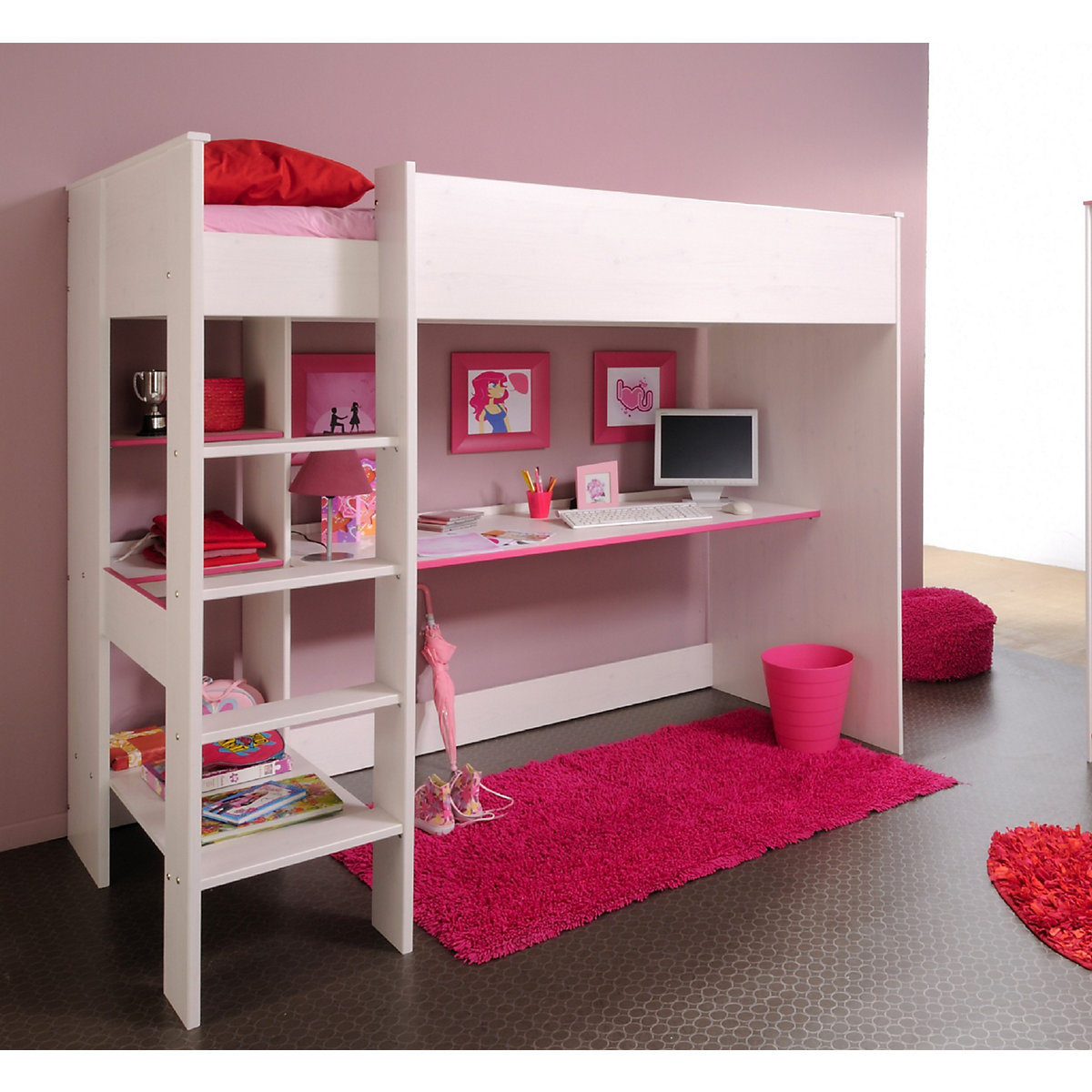 Hochbett mit Schreibtisch Smoozy 3a + 3b - Kanten Blau oder Pink (90x200) ohne Matratze