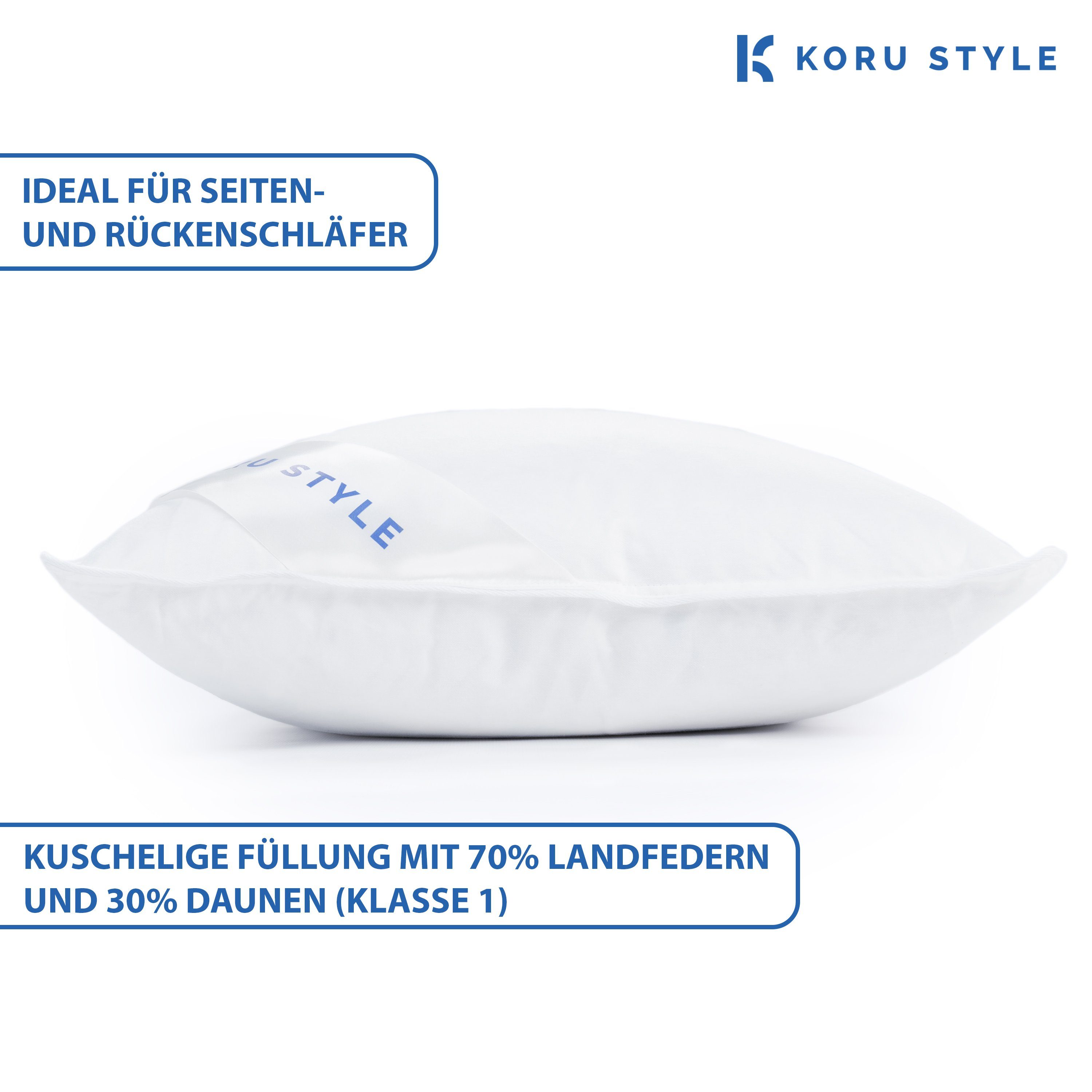 Federkissen Kopfkissen Superior mit weichem Stützkomfort, Koru Style, Füllung: Neue Landfedern und Landdaunen 70%/30%, hochwertig verarbeitet, allergikergeeignet, hergestellt in Deutschland