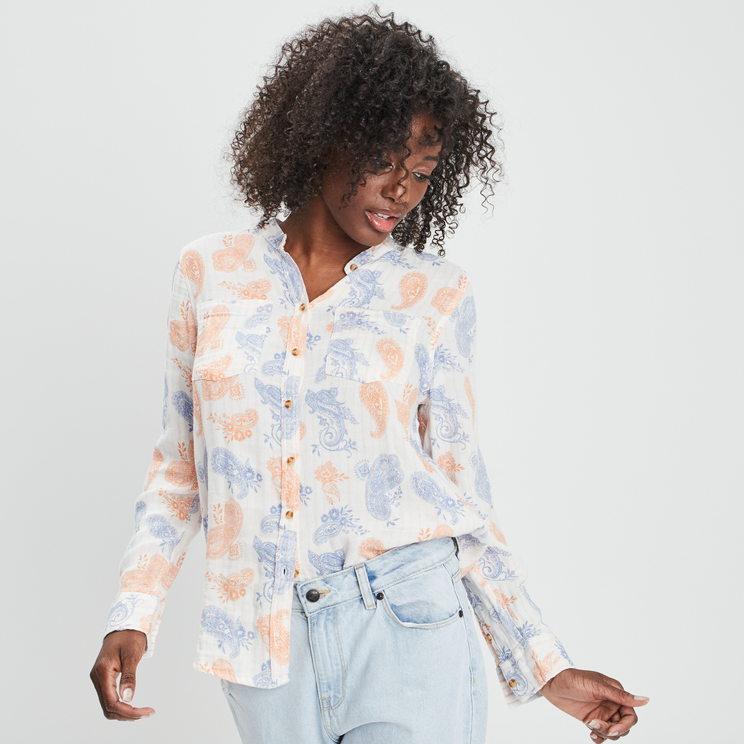 Chemise manches longues col mao ecru femme | La Halle