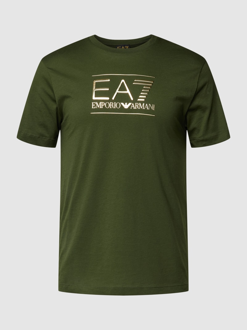 T-Shirt mit Rundhalsausschnitt und Label-Print in dunkelgrün