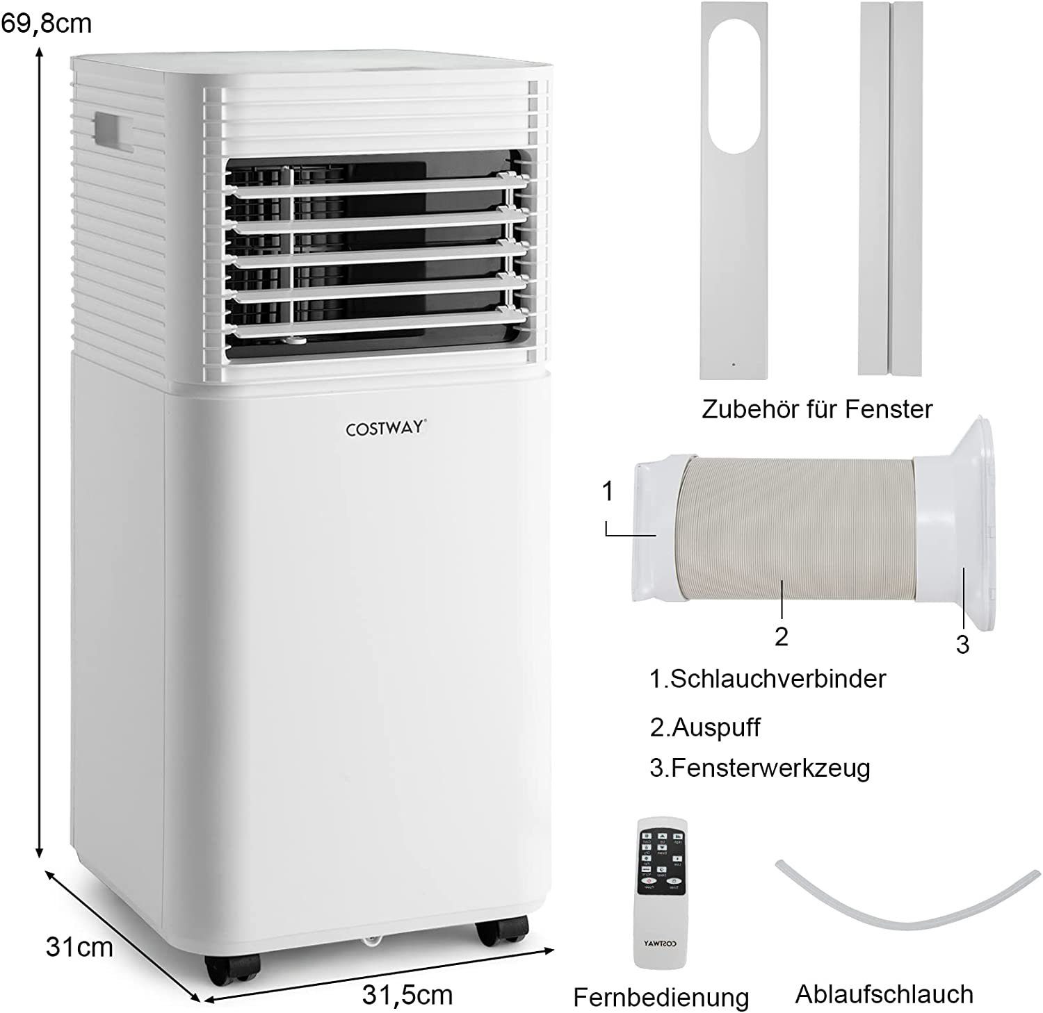 COSTWAY 3-in-1-Klimagerät, 7000BTU/2,1kW, 39m³, Fernbedienung, 16℃-32℃