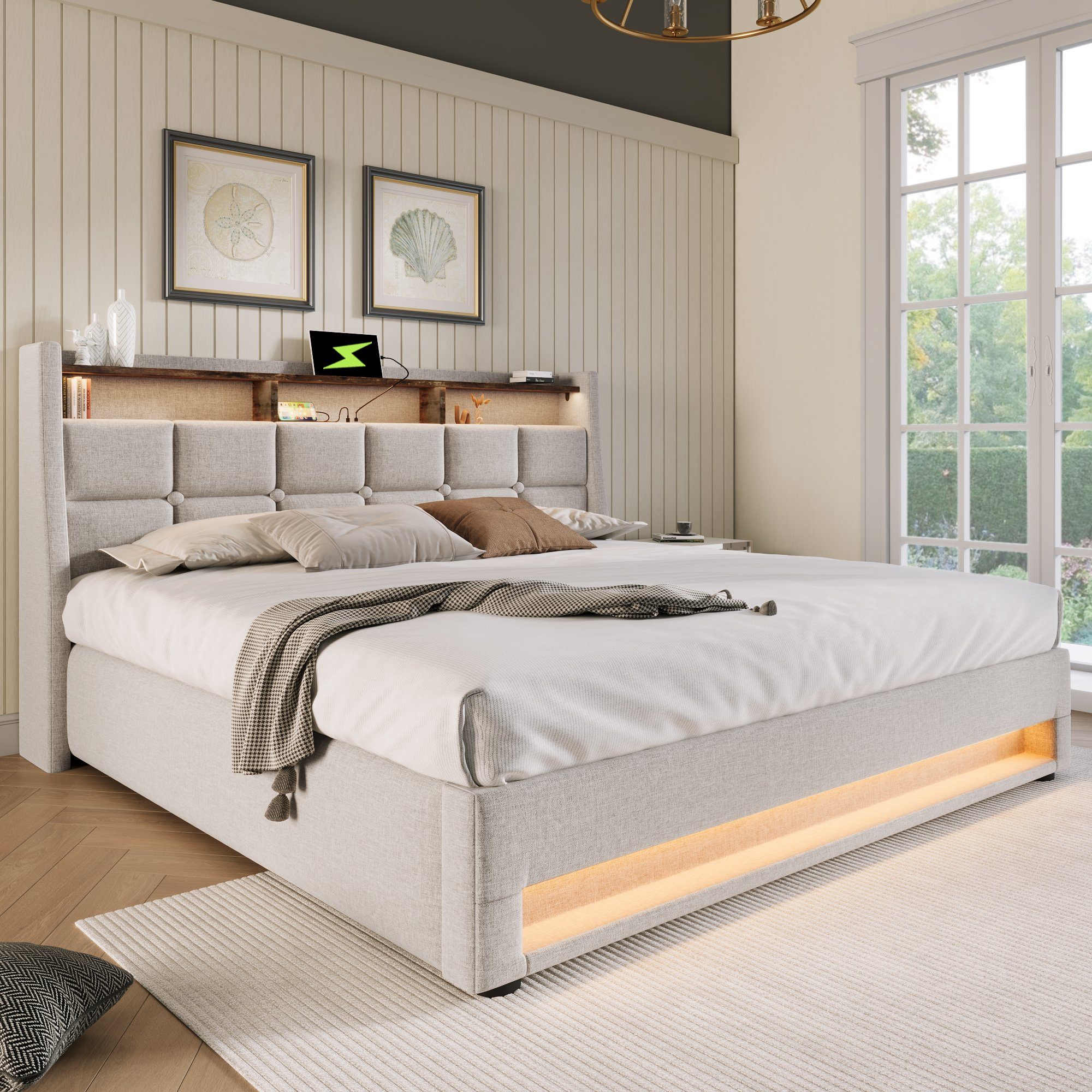 WISHDOR Polsterbett Bett (LED Doppelbett Jugendbett mit USB/Typ-C Ladeanschluss), 180x200cm,Ohne Matratze