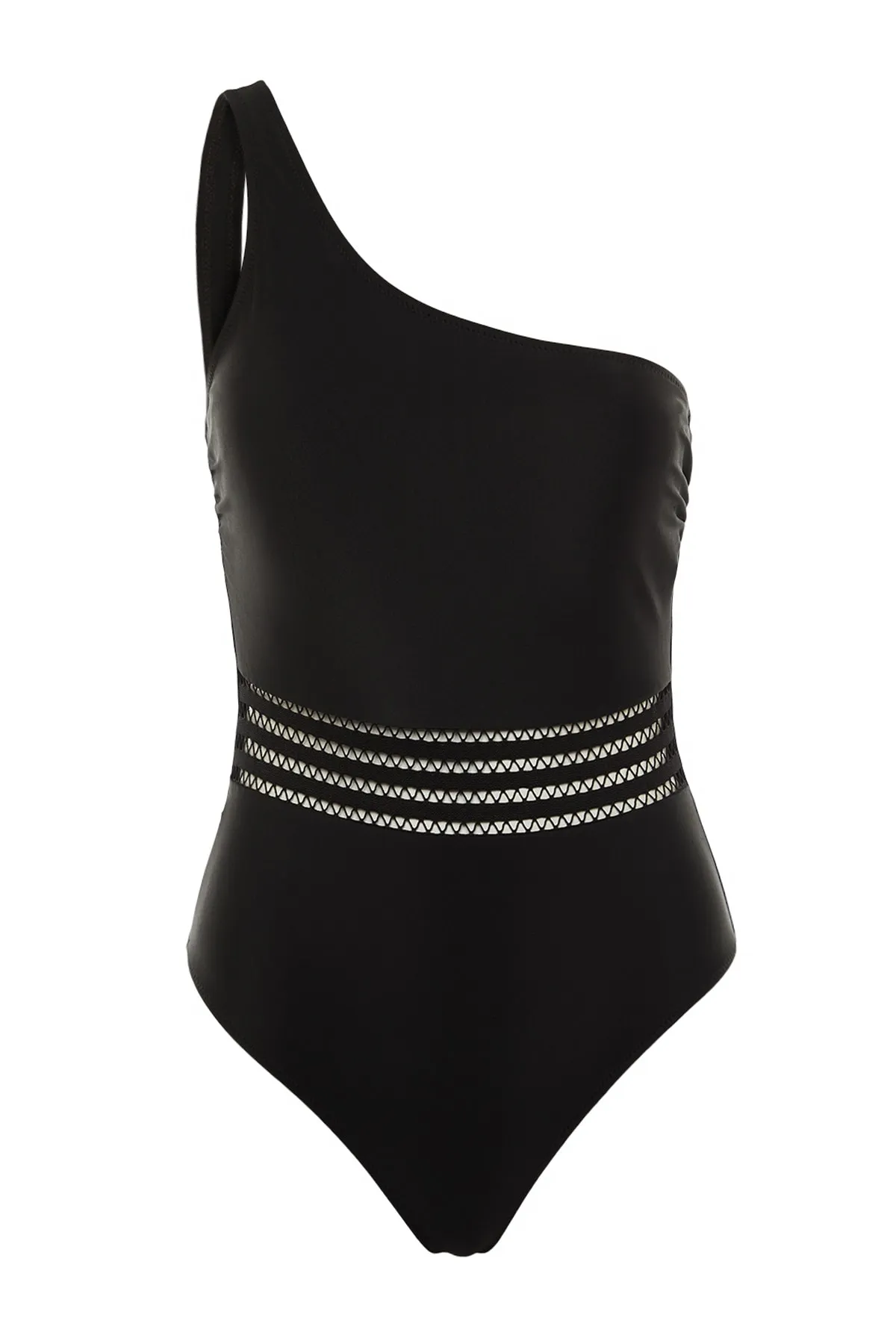 Trendyol Collection  Schwarzer, einschultriger Streifen-Accessoire, regulärer Badeanzug TBESS21MA0138