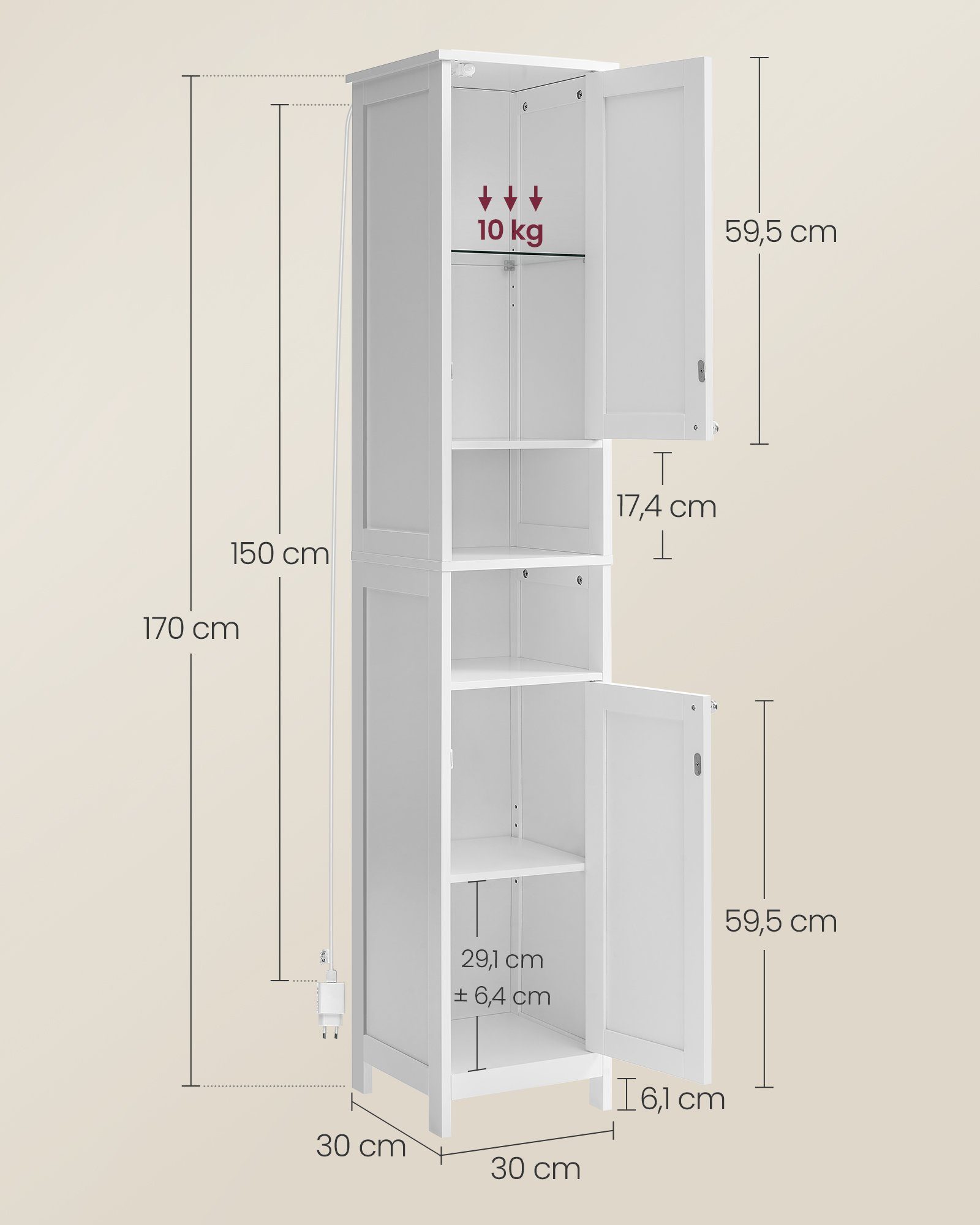 VASAGLE Badkommode, Badezimmerschrank mit Beleuchtung, verstellbaren Ablagen