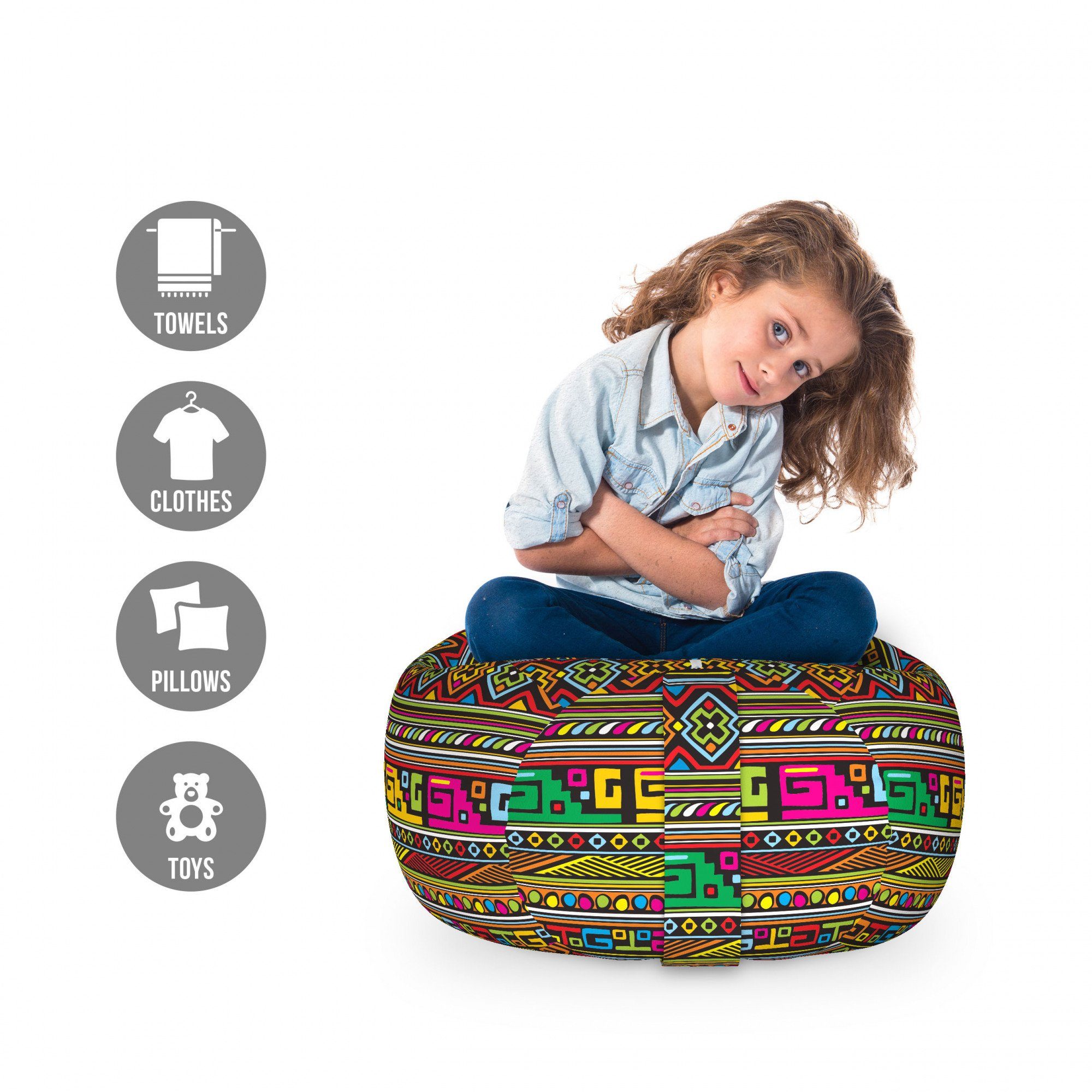 Abakuhaus Spielzeugtruhe Gefüllter Tier Organizer Waschbare Tasche für Kinder, Stammes Bunte Grenzen