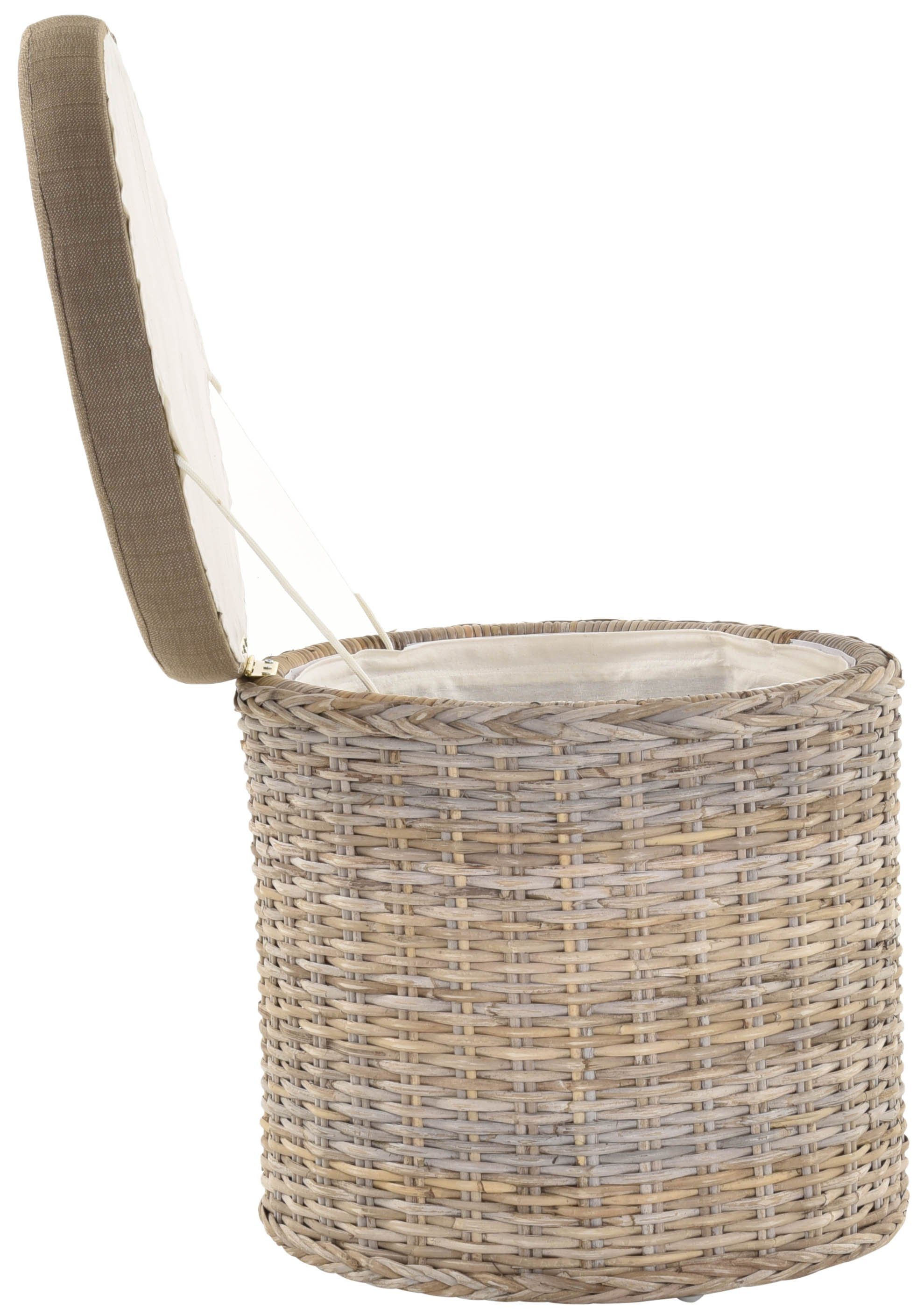 Krines Home Wäschekorb Rattan Sitzhocker mit Stauraum Rund Badhocker Sitz gepolstert Deckel, mit gepolstertem Deckel, mit herausnehmbarem Inlett