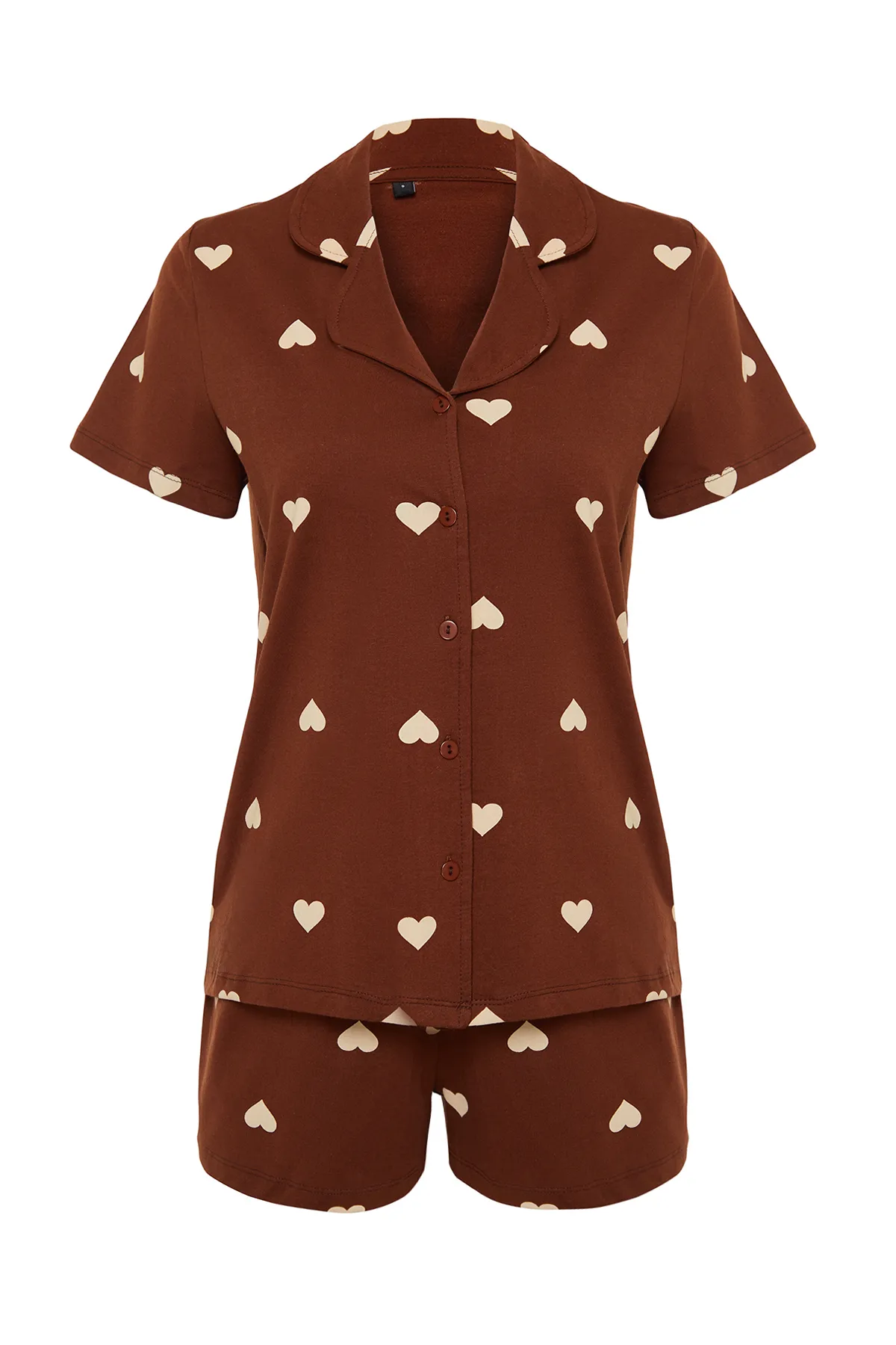 Trendyol Collection  Braunes, gestricktes Pyjama-Set mit Hemd und Shorts aus 100 % Baumwolle mit Herzmuster THMSS21PT0756