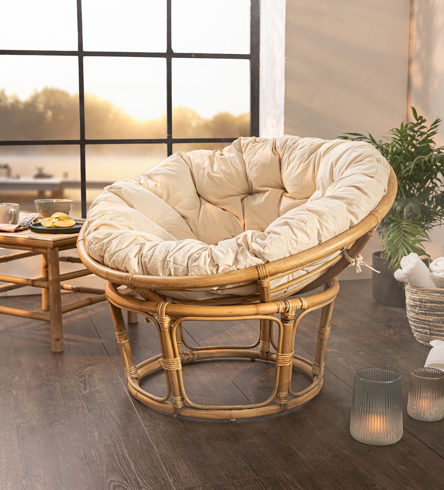 Dekoleidenschaft Relaxsessel Papasansessel aus Rattan, inkl. Kissen aus Baumwolle, beige, Korbsessel, Liegesessel, Clubsessel, Rattansessel